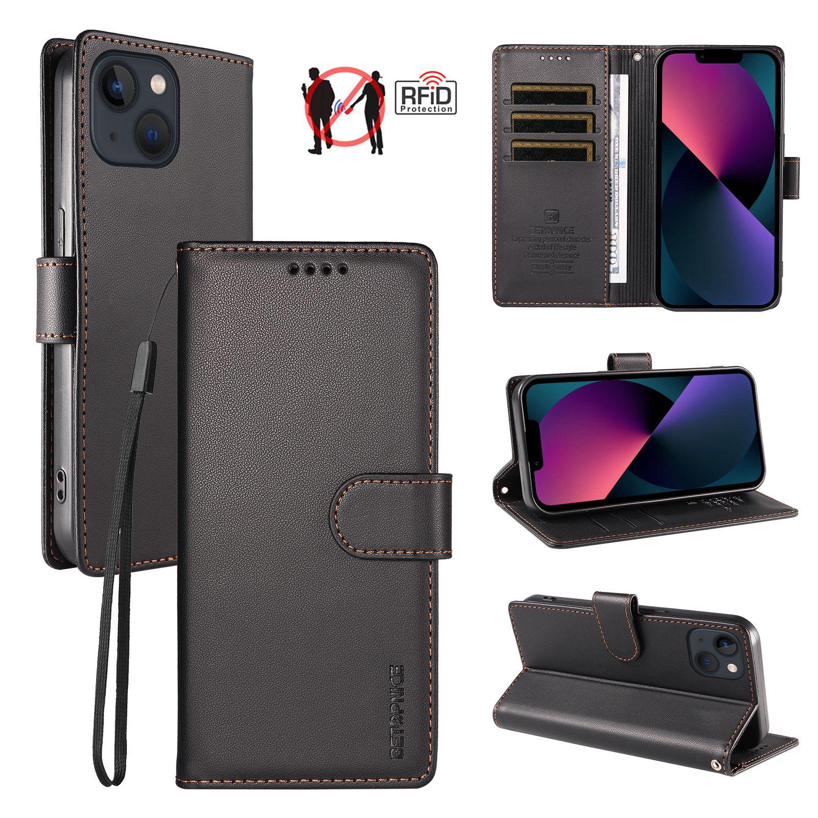 For iPhone 14 / 13 BETOPNICE Pearlescent RFID Vegan Leather Phone Case with Strap(Black) - Shopkiz.com