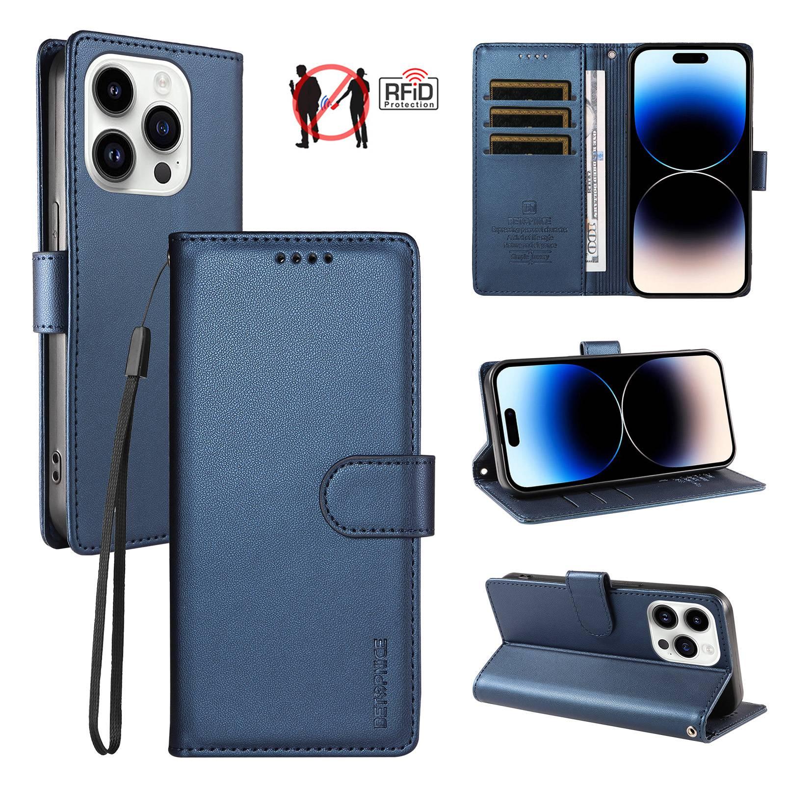 For iPhone 14 Pro BETOPNICE Pearlescent RFID Vegan Leather Phone Case with Strap(Blue) - Shopkiz.com