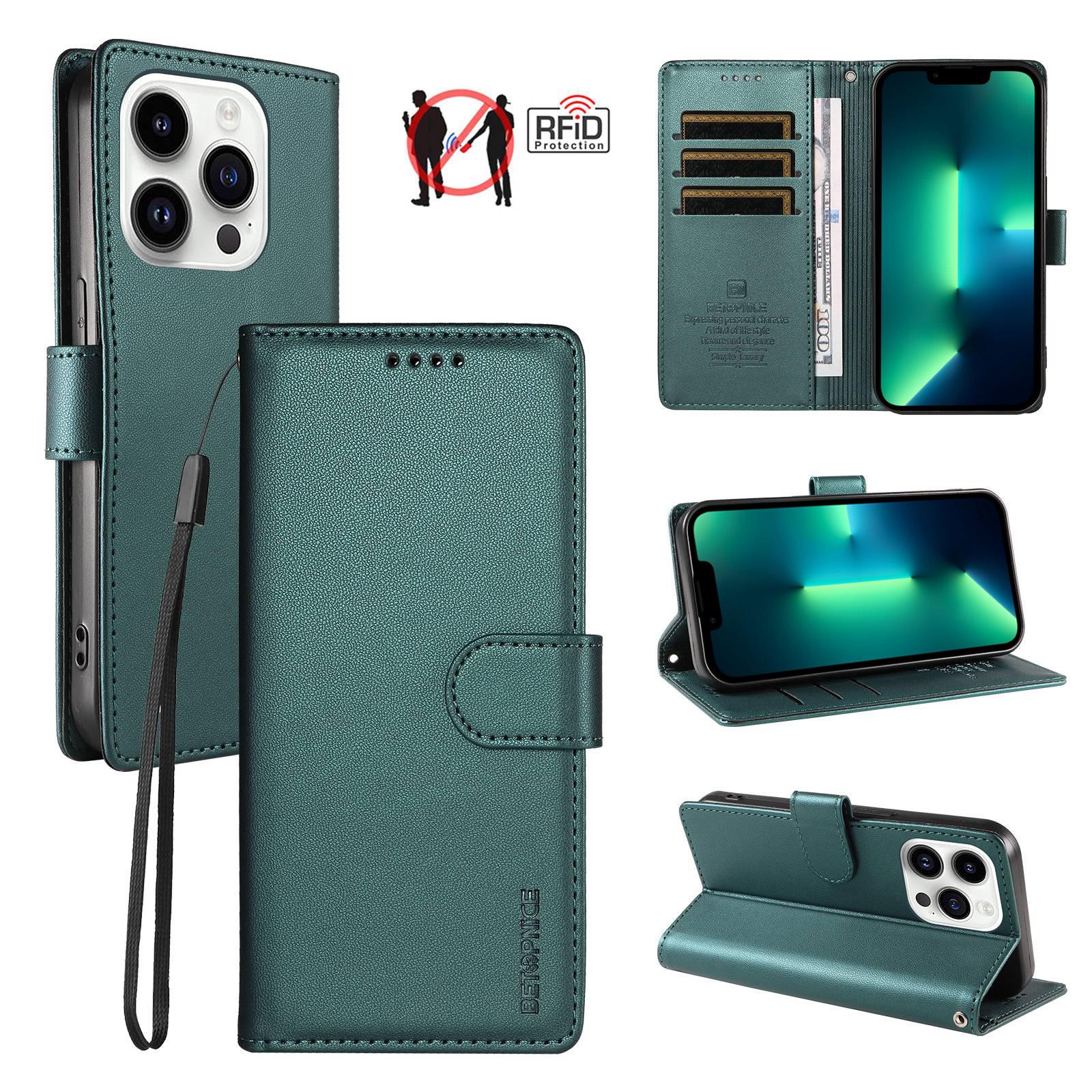 For iPhone 13 Pro Max BETOPNICE Pearlescent RFID Vegan Leather Phone Case with Strap(Green) - Shopkiz.com