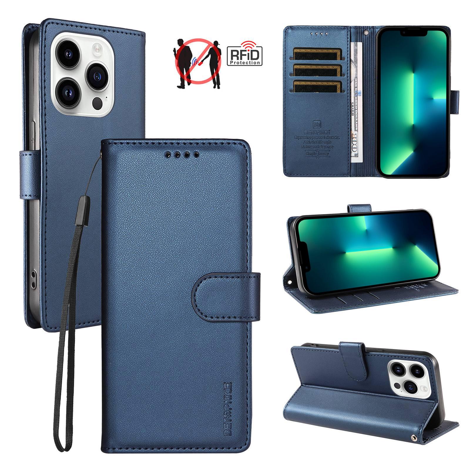 For iPhone 13 Pro BETOPNICE Pearlescent RFID Vegan Leather Phone Case with Strap(Blue) - Shopkiz.com
