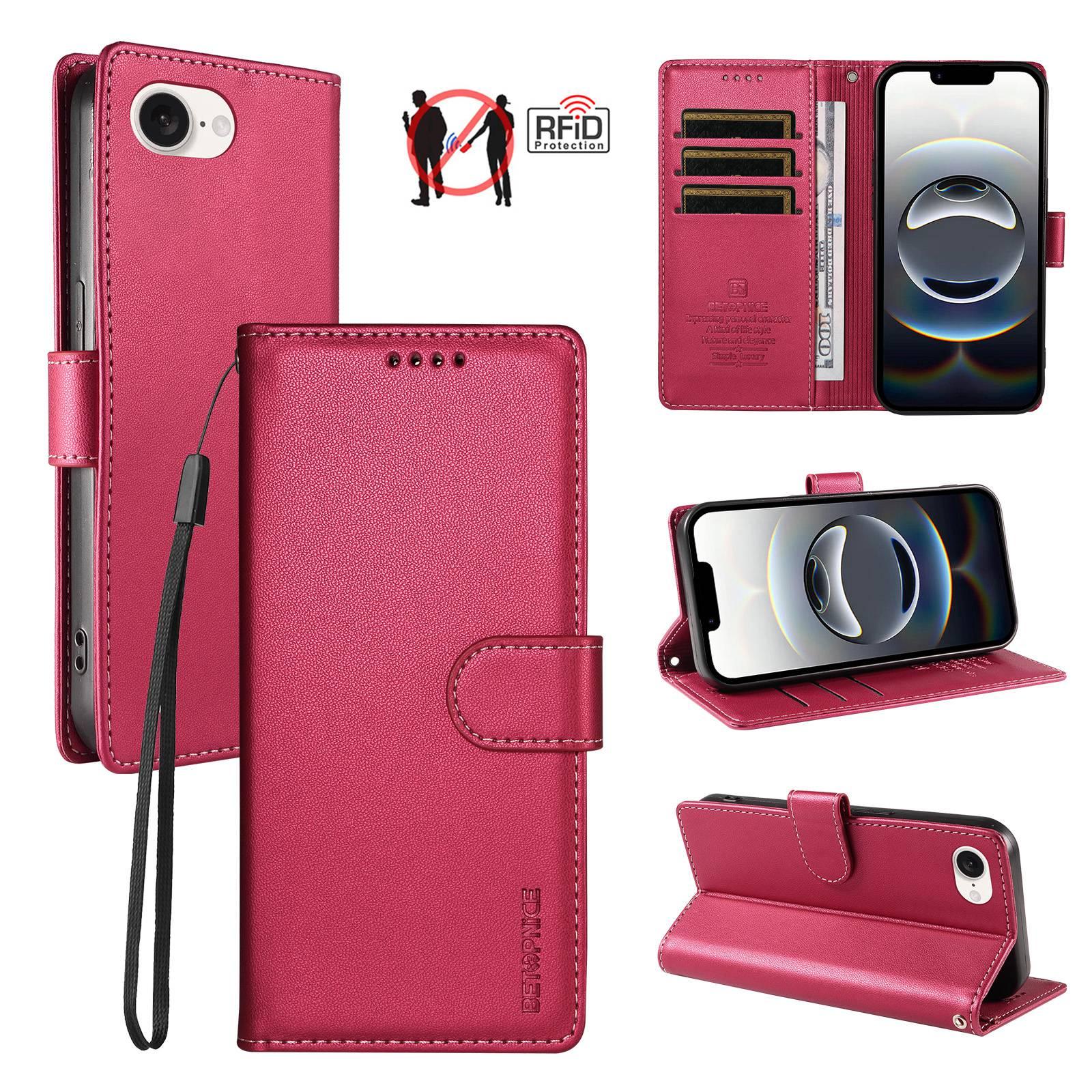 For iPhone 17e / 16e BETOPNICE Pearlescent RFID Vegan Leather Phone Case with Strap(Red) - Shopkiz.com
