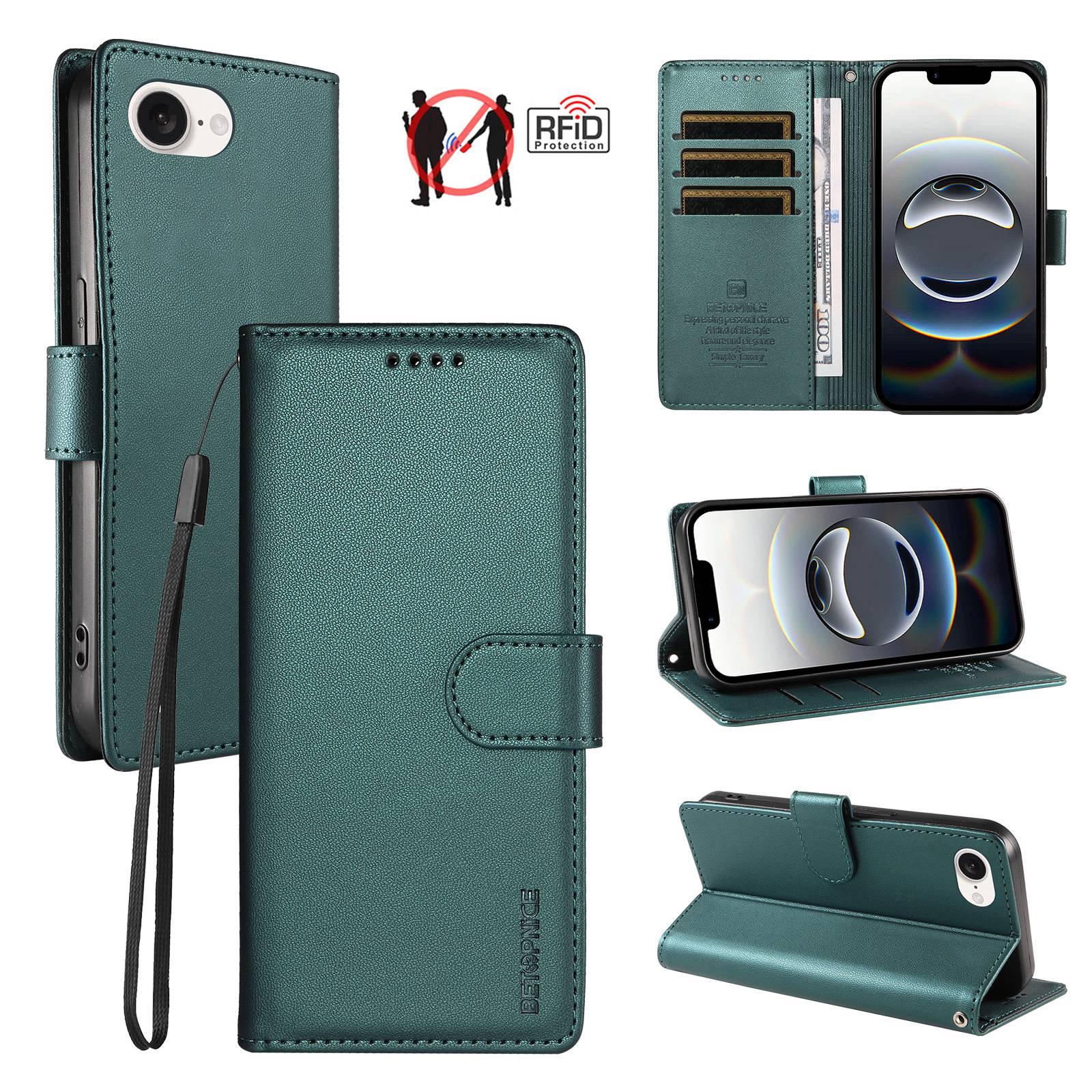 For iPhone 17e / 16e BETOPNICE Pearlescent RFID Vegan Leather Phone Case with Strap(Green) - Shopkiz.com