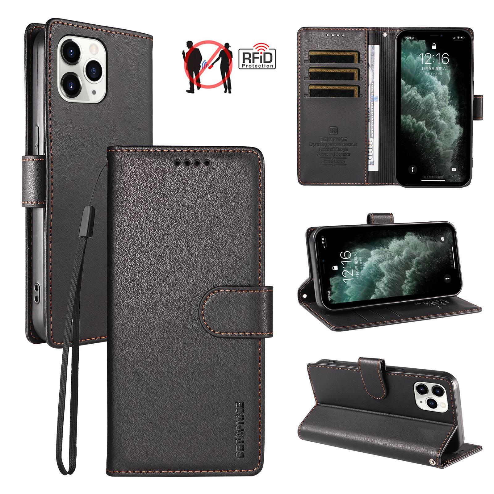 For iPhone 11 Pro Max BETOPNICE Pearlescent RFID Vegan Leather Phone Case with Strap(Black) - Shopkiz.com