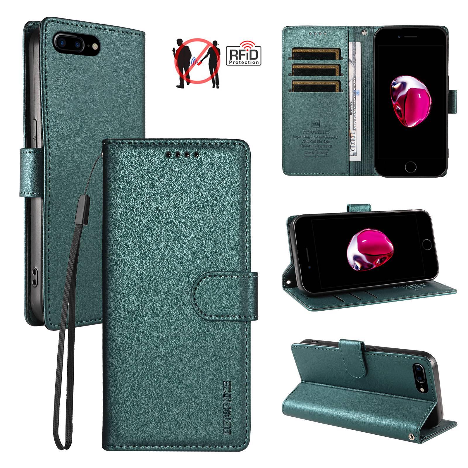 For iPhone 8 Plus / 7 Plus BETOPNICE Pearlescent RFID Vegan Leather Phone Case with Strap(Green) - Shopkiz.com