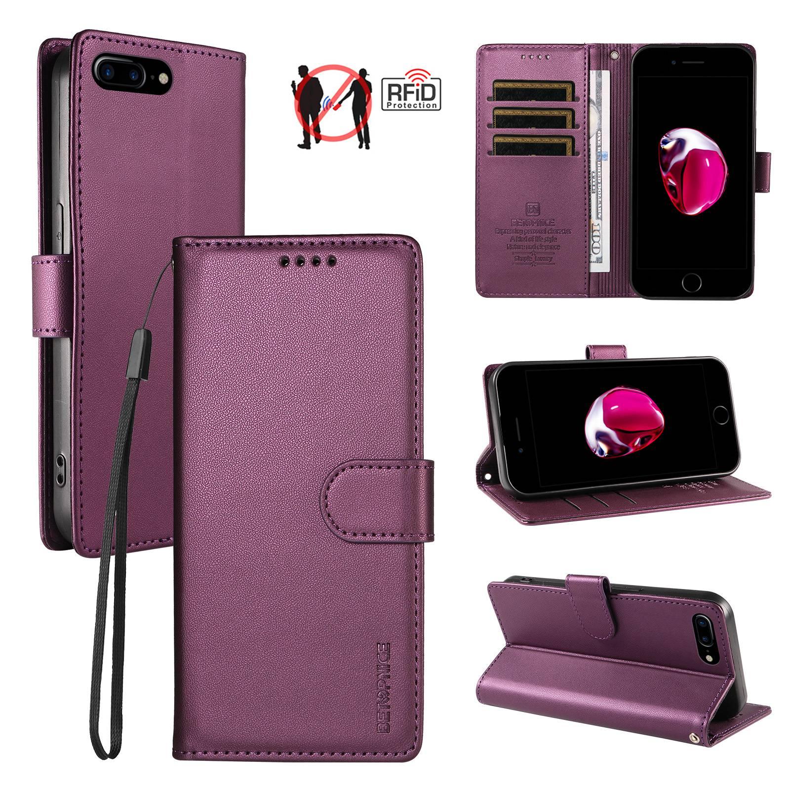 For iPhone 8 Plus / 7 Plus BETOPNICE Pearlescent RFID Vegan Leather Phone Case with Strap(Purple) - Shopkiz.com