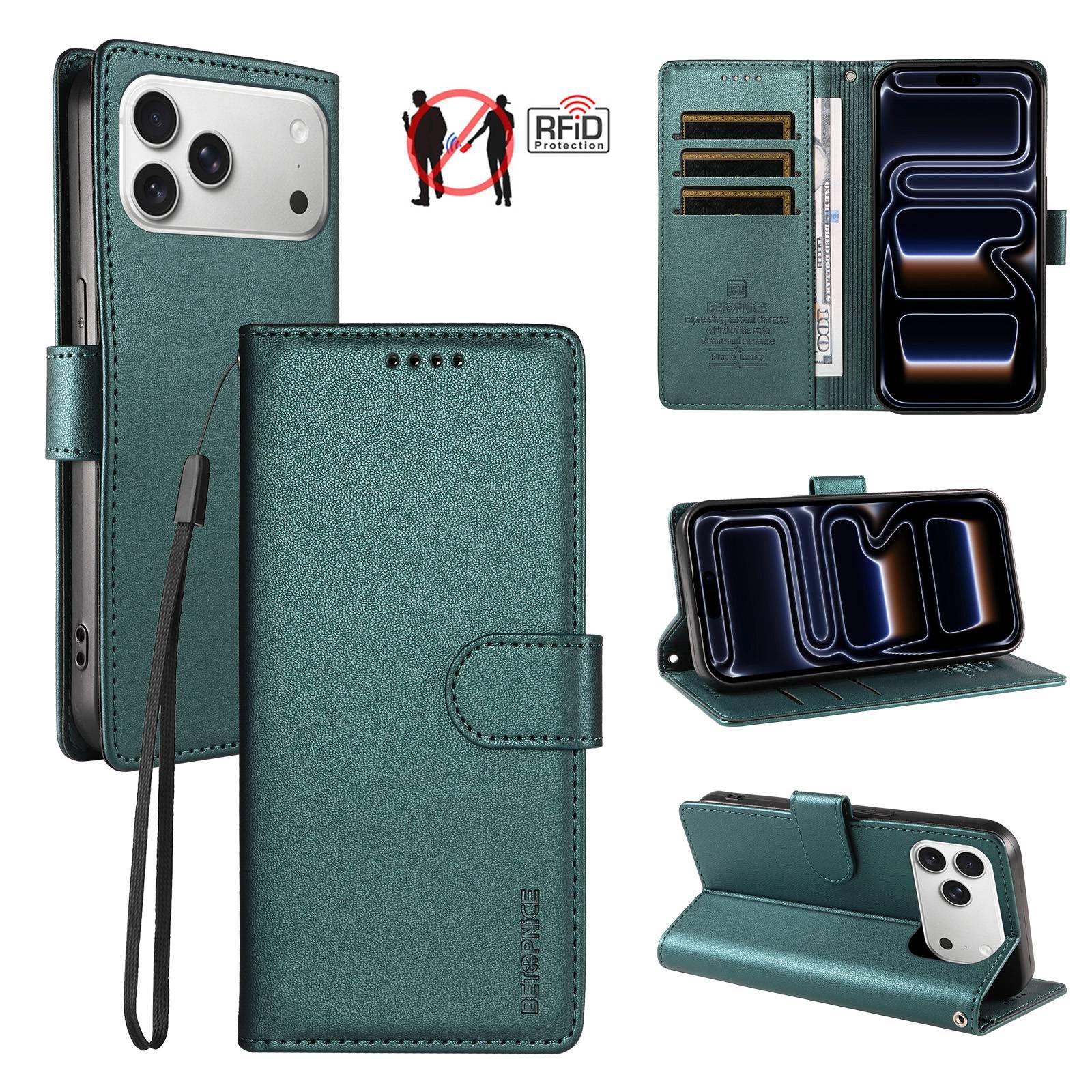 For iPhone 18 Pro Max BETOPNICE Pearlescent RFID Vegan Leather Phone Case with Strap(Green) - Shopkiz.com