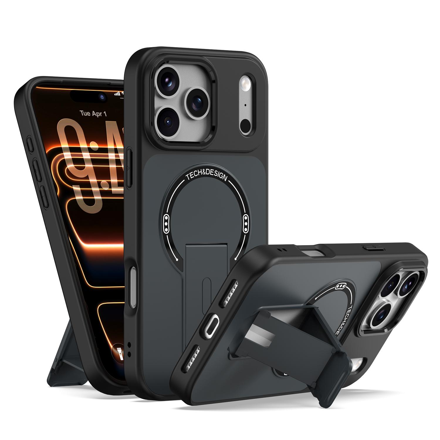 For iPhone 18 Pro Max Skin-Feel TPU Hybrid PC Magnetic Phone Case with Kickstand(Black) - Shopkiz.com