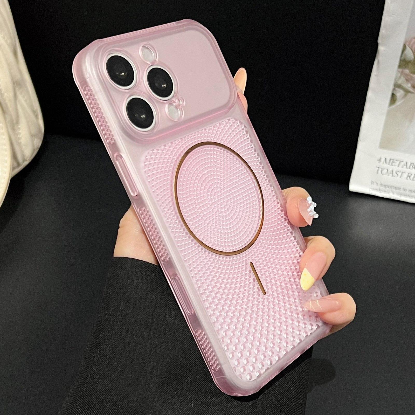For iPhone 16 Pro Max Precision-cut Magnetic Ring Heat-Dissipating PC Phone Case(Translucent Pink) - Shopkiz.com