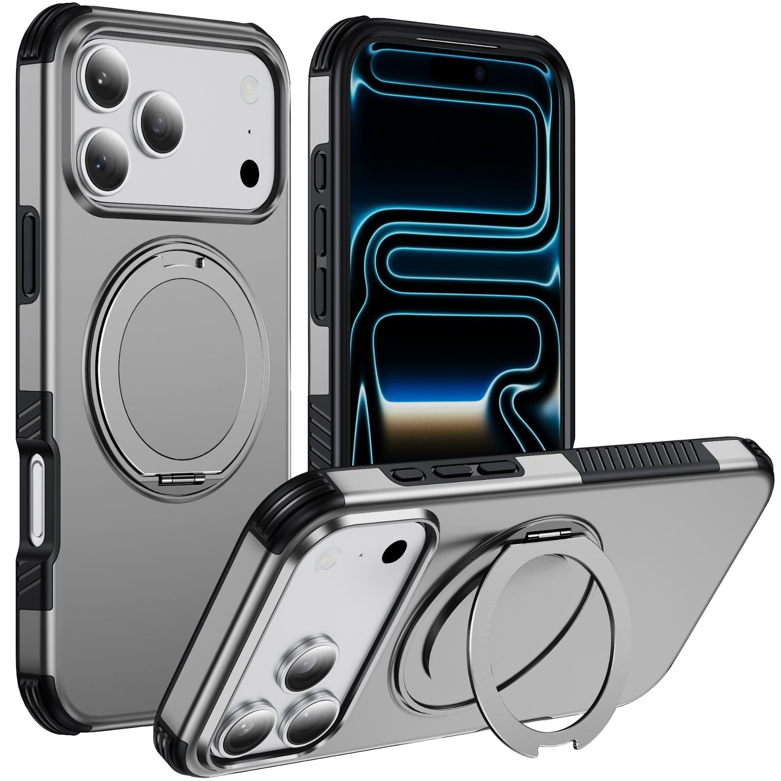 For iPhone 18 Pro Magnetic 360 Rotating Holder Phone Case(Silver)