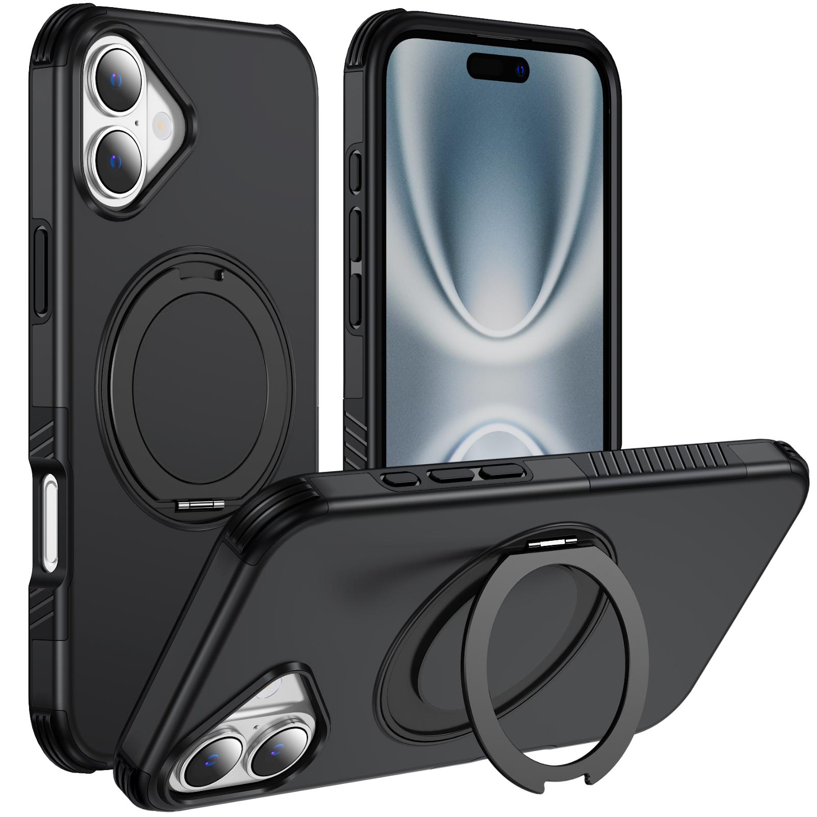For iPhone 16 Plus Magnetic 360 Rotating Holder Phone Case(Black) - Shopkiz.com