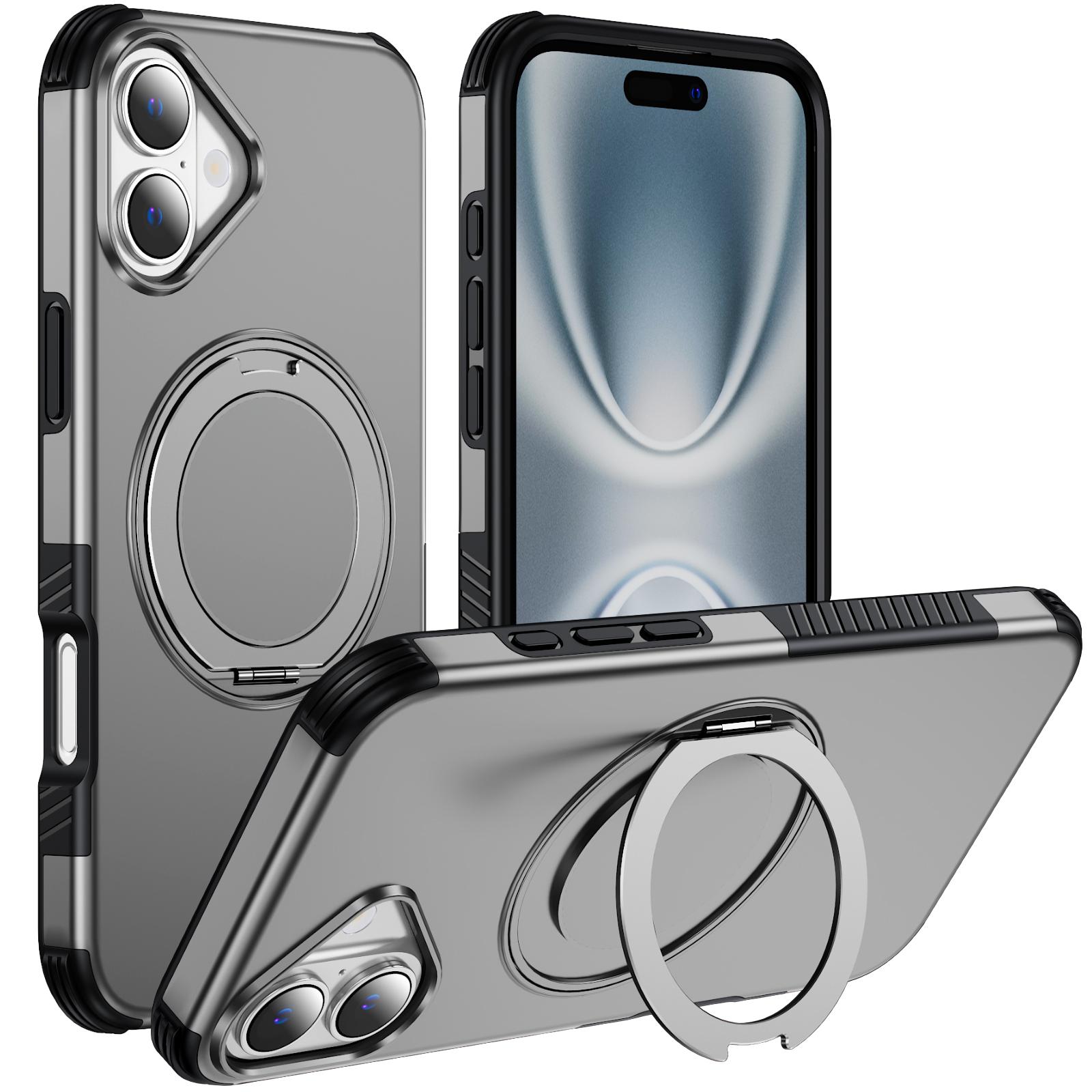 For iPhone 16 Plus Magnetic 360 Rotating Holder Phone Case(Silver) - Shopkiz.com