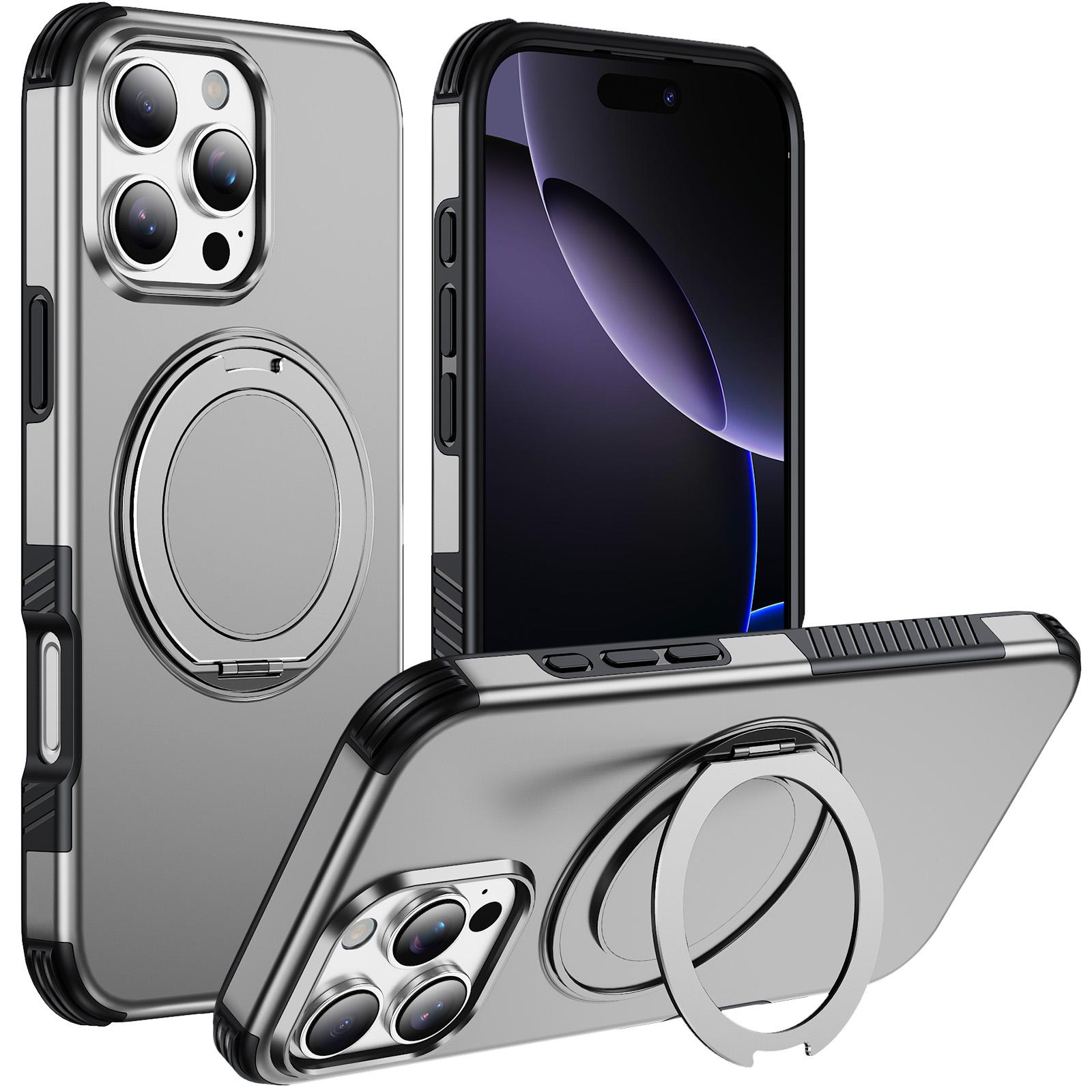 For iPhone 16 Pro Max Magnetic 360 Rotating Holder Phone Case(Silver) - Shopkiz.com