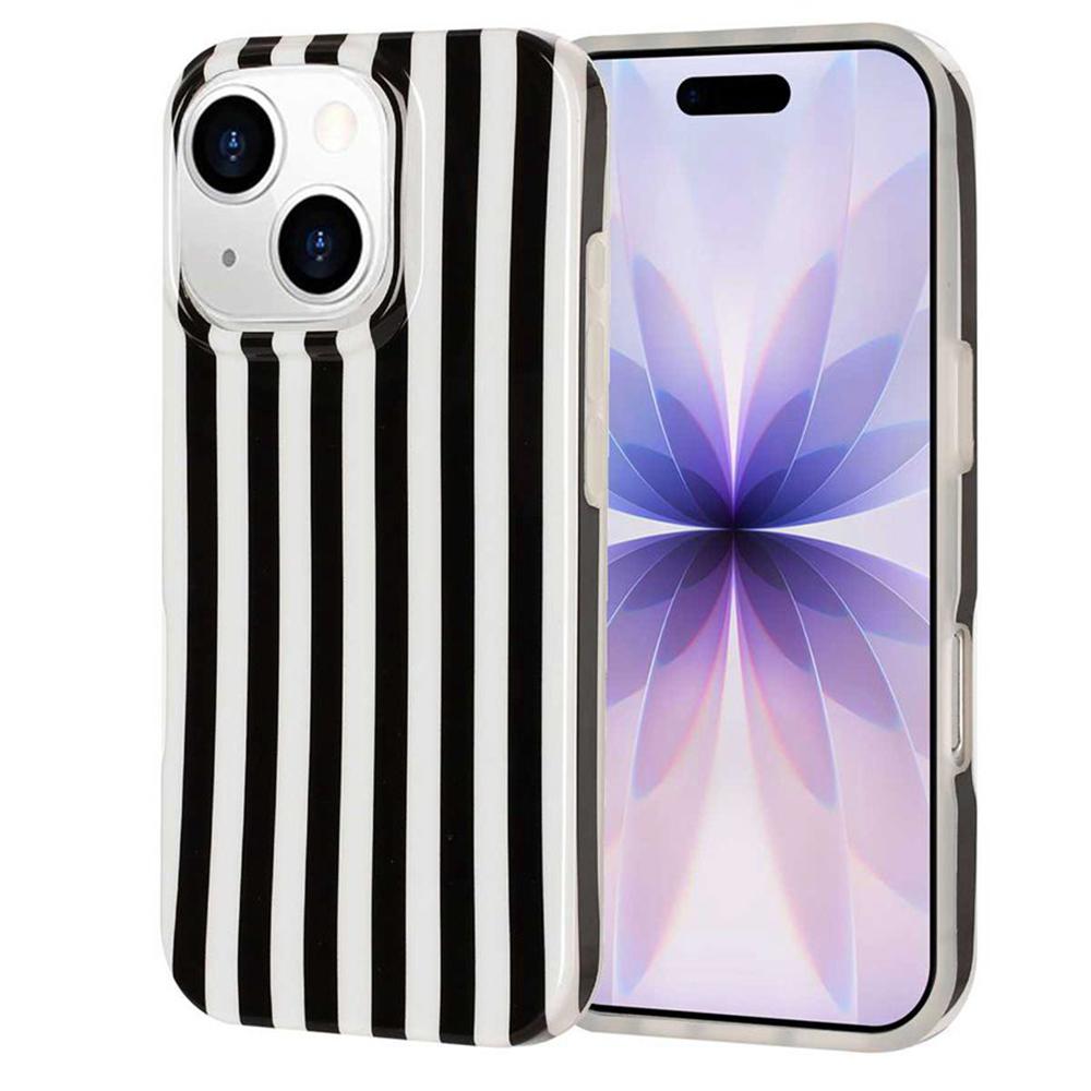 For iPhone 15 Plus Full Coverage IMD Printed Vertical Stripes TPU Phone Case(Black) - Shopkiz.com