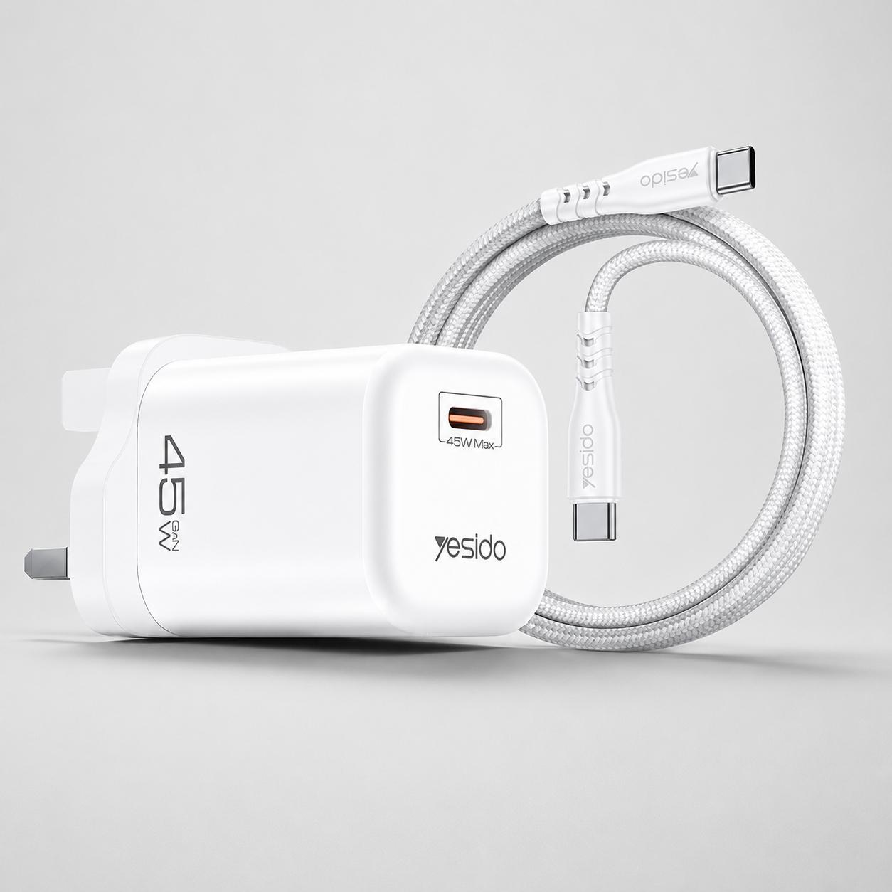 Yesido YC160 PD45W GaN Type-C Fast Charger with Type-C to Type-C Cable, Plug:UK Plug(White) - Shopkiz.com