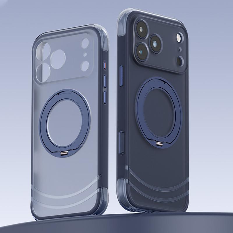 For iPhone 18 Pro QN2 Skin-Friendly AirBag Magnetic Shockproof Phone Case with 360 Rotation Holder(Dark Blue) - Shopkiz.com