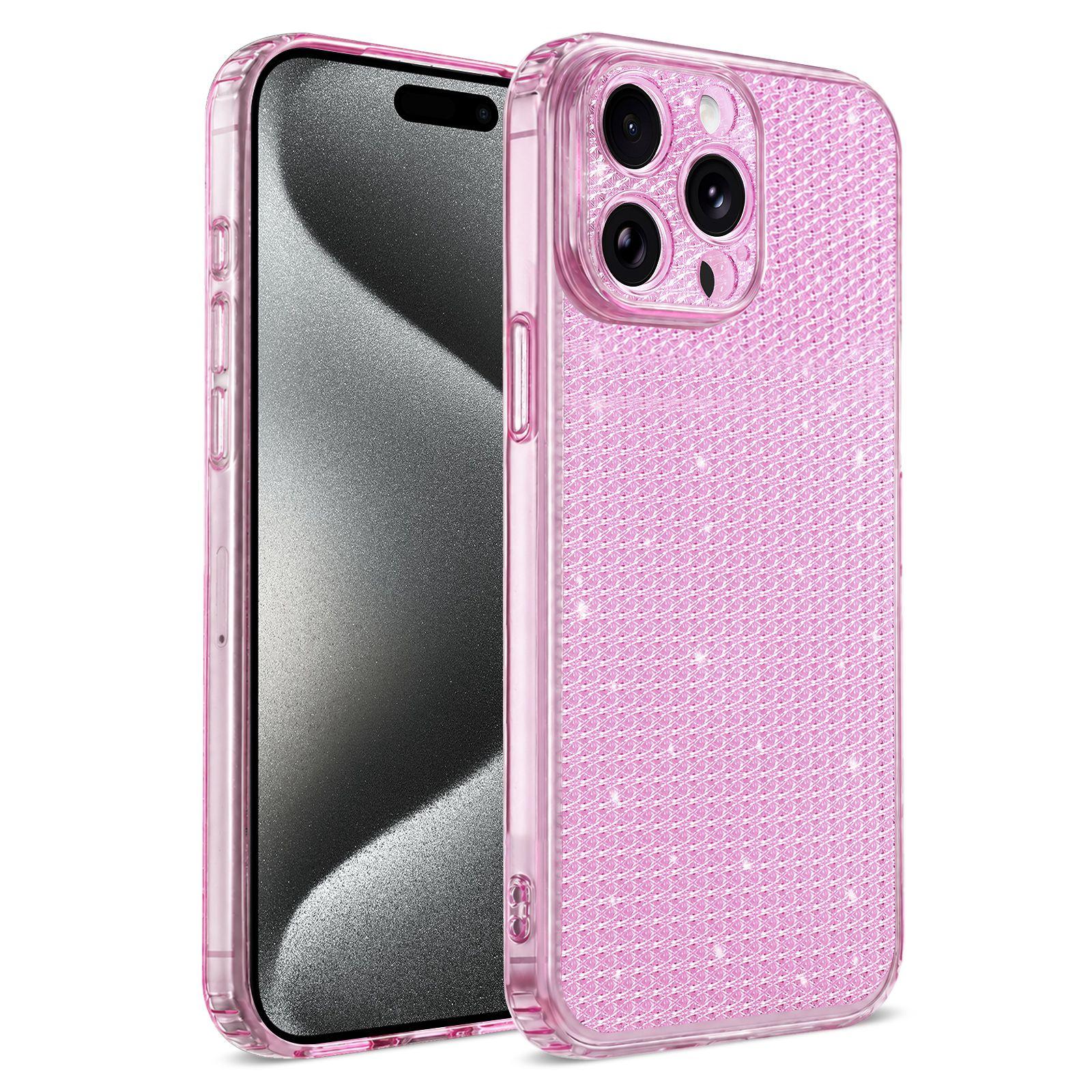 For iPhone 15 Pro Max Sparkling Diamond Glitter Airbag Phone Case(Pink) - Shopkiz.com