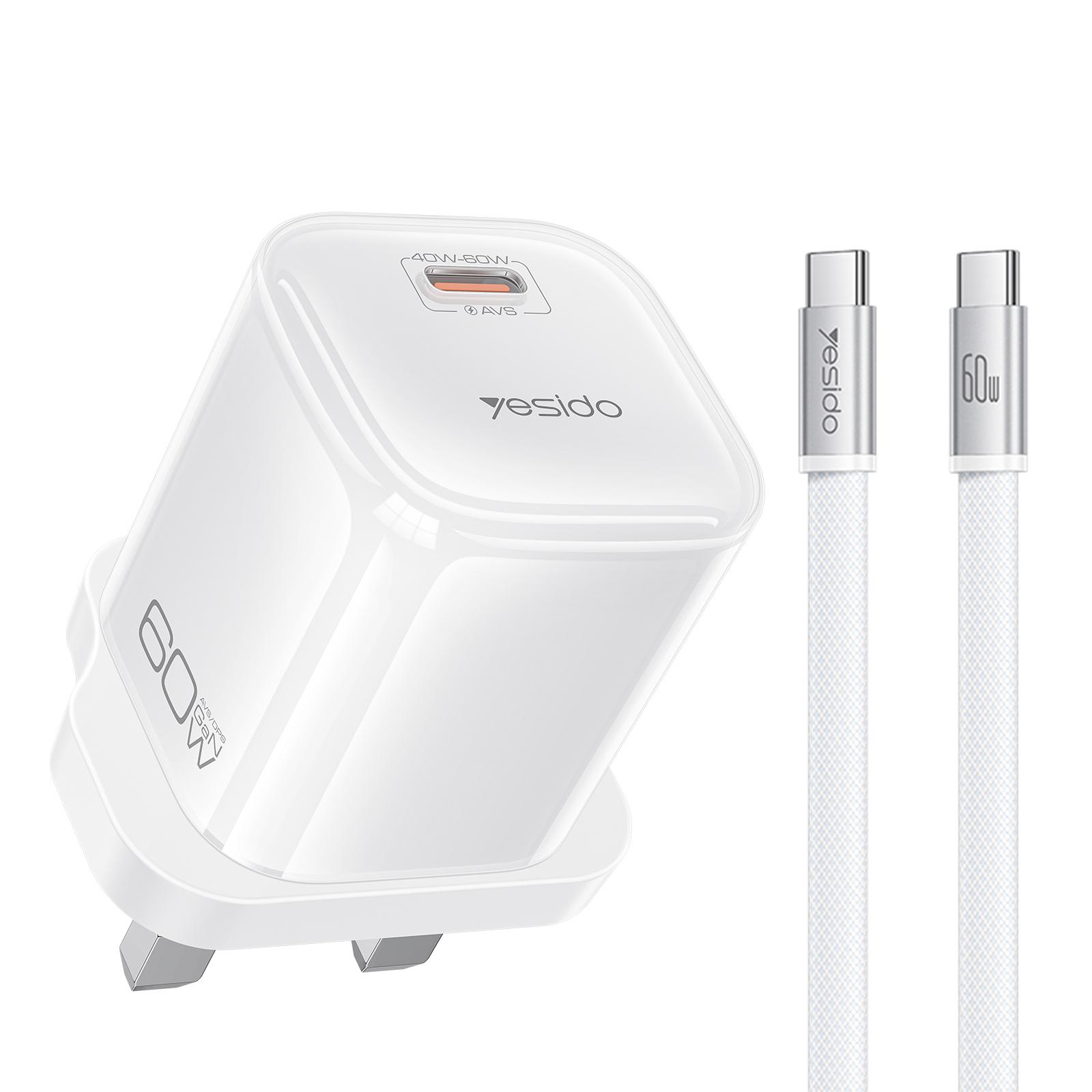 Yesido YC161 Transparent AVS 40-60W USB-C/Type-C Interface Charger with Type-C to Type-C Cable, Plug:UK Plug(White) - Shopkiz.com