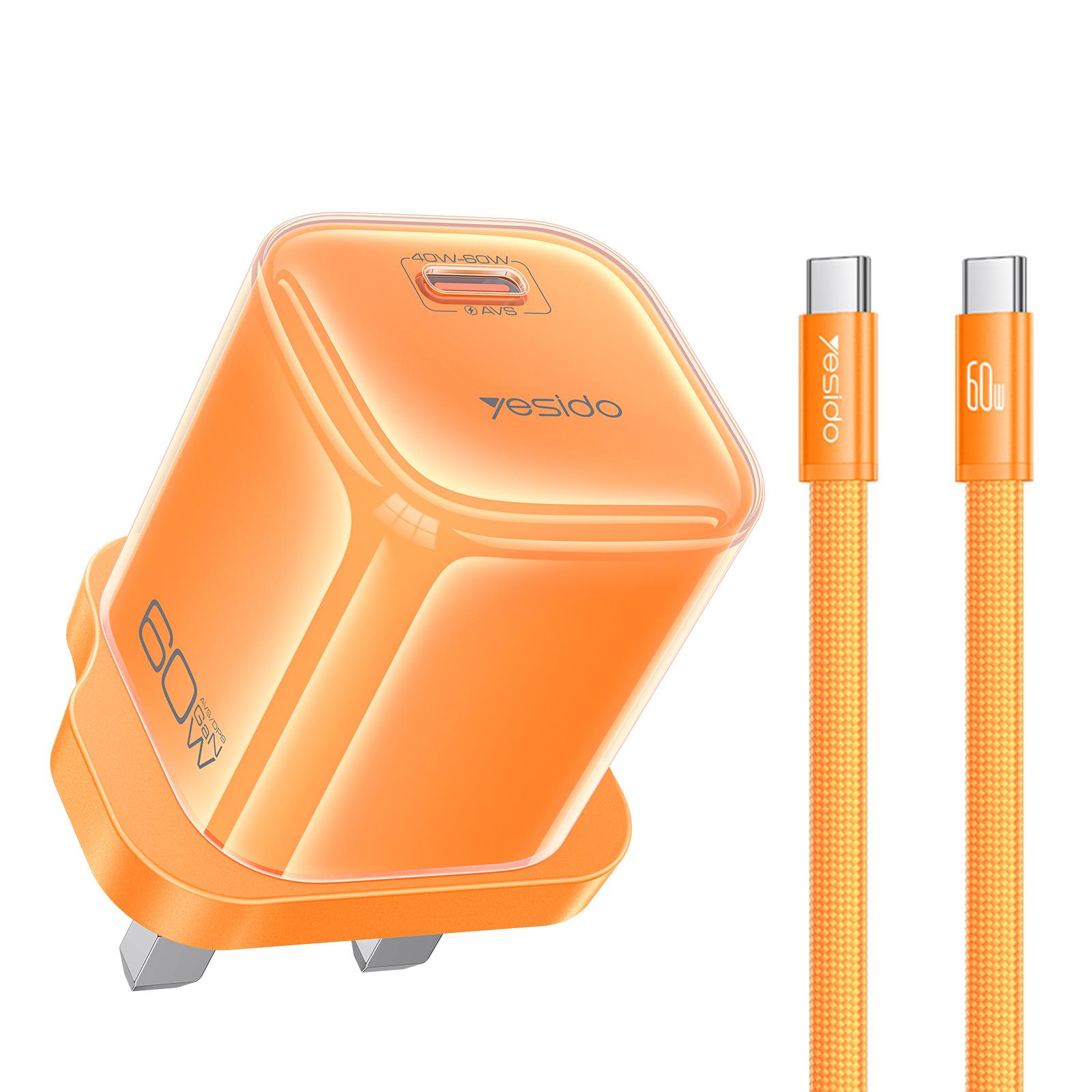 Yesido YC161 Transparent AVS 40-60W USB-C/Type-C Interface Charger with Type-C to Type-C Cable, Plug:UK Plug(Orange) - Shopkiz.com