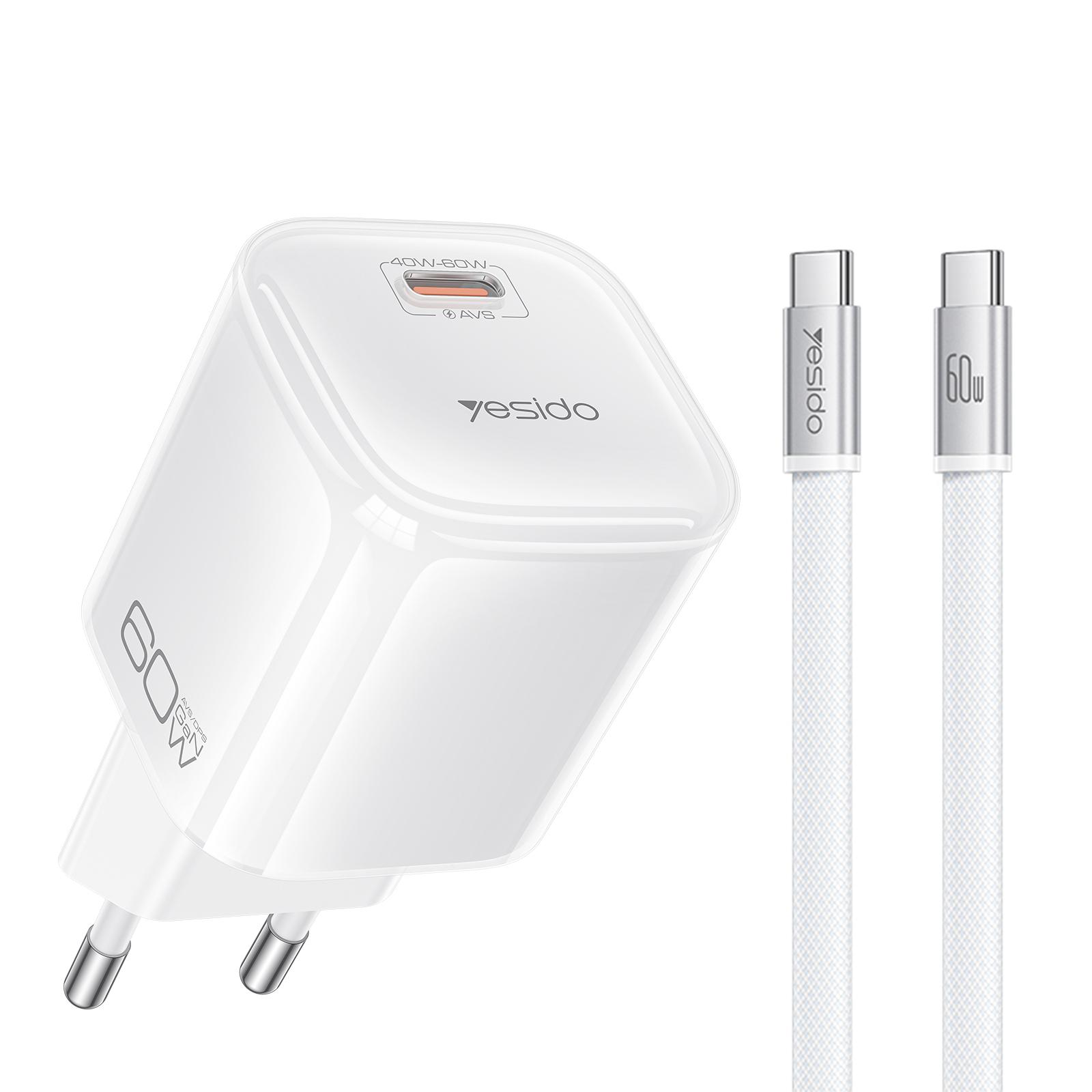 Yesido YC117 Transparent AVS 40-60W USB-C/Type-C Interface Charger with Type-C to Type-C Cable, Plug:EU Plug(White) - Shopkiz.com