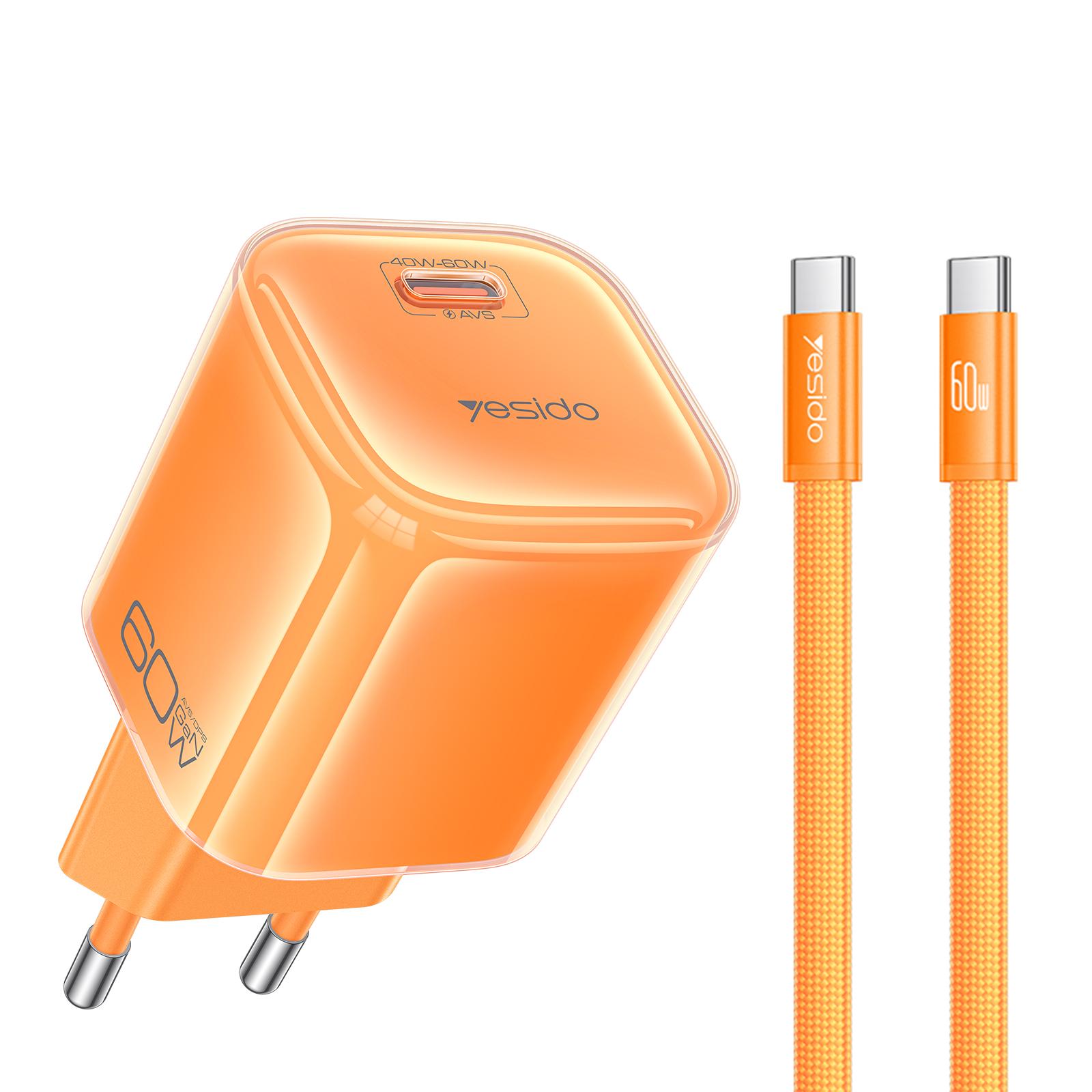 Yesido YC117 Transparent AVS 40-60W USB-C/Type-C Interface Charger with Type-C to Type-C Cable, Plug:EU Plug(Orange) - Shopkiz.com