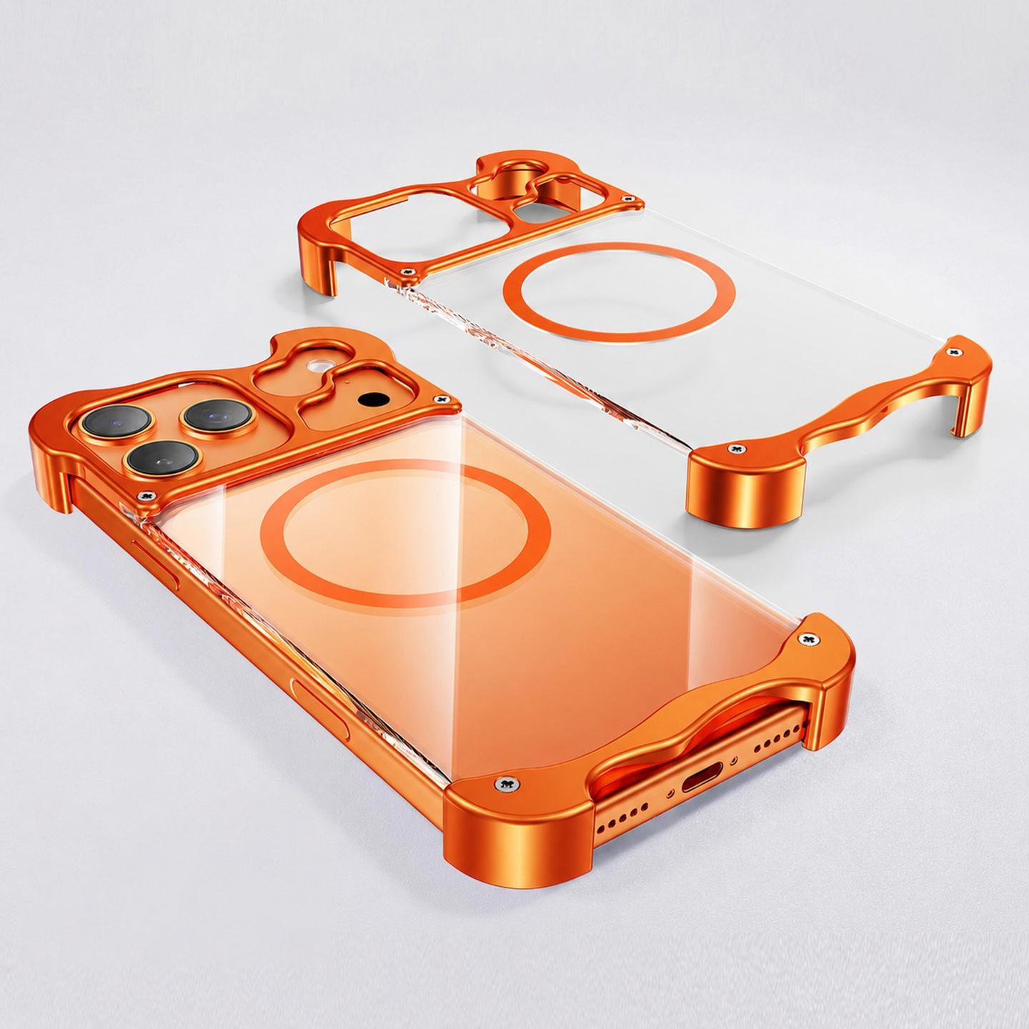 For iPhone 17 Pro Frameless Metal Clear Shockproof Bumper Magnetic Phone Case(Orange) - Shopkiz.com