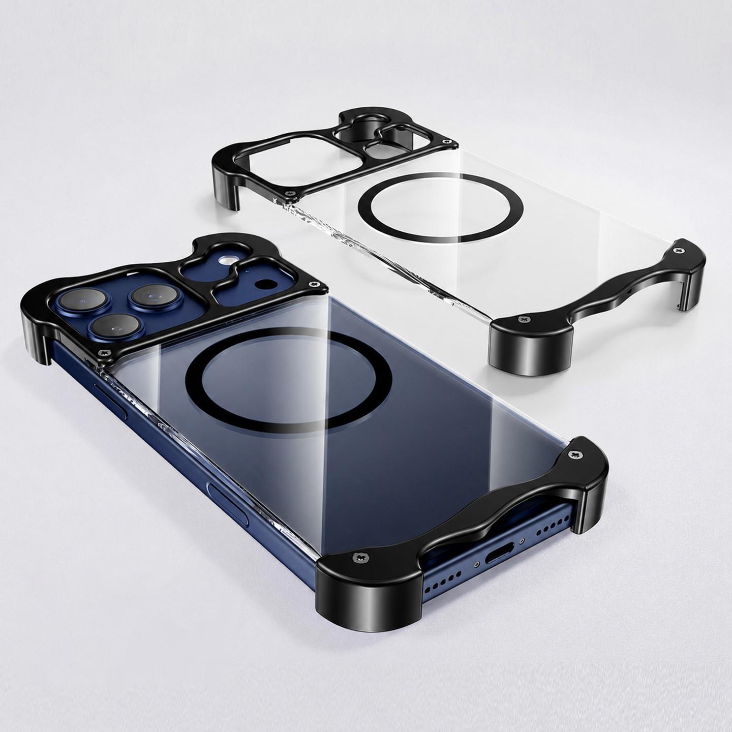 For iPhone 17 Pro Frameless Metal Clear Shockproof Bumper Magnetic Phone Case(Black) - Shopkiz.com