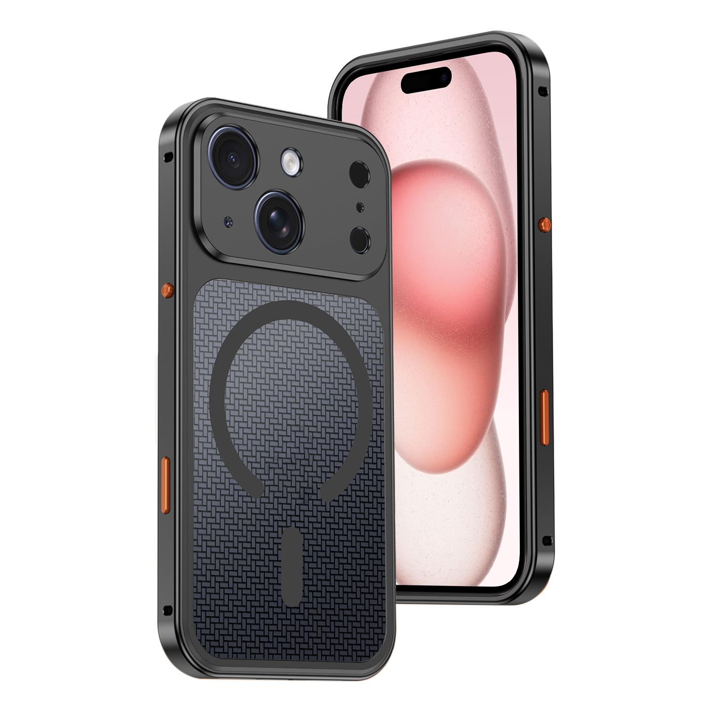 For iPhone 15 Cooling Magnetic Buckle Metal Shockproof Phone Case(Black) - Shopkiz.com