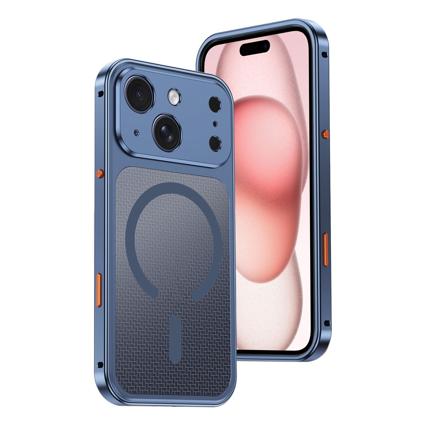 For iPhone 15 Cooling Magnetic Buckle Metal Shockproof Phone Case(Titanium Blue) - Shopkiz.com