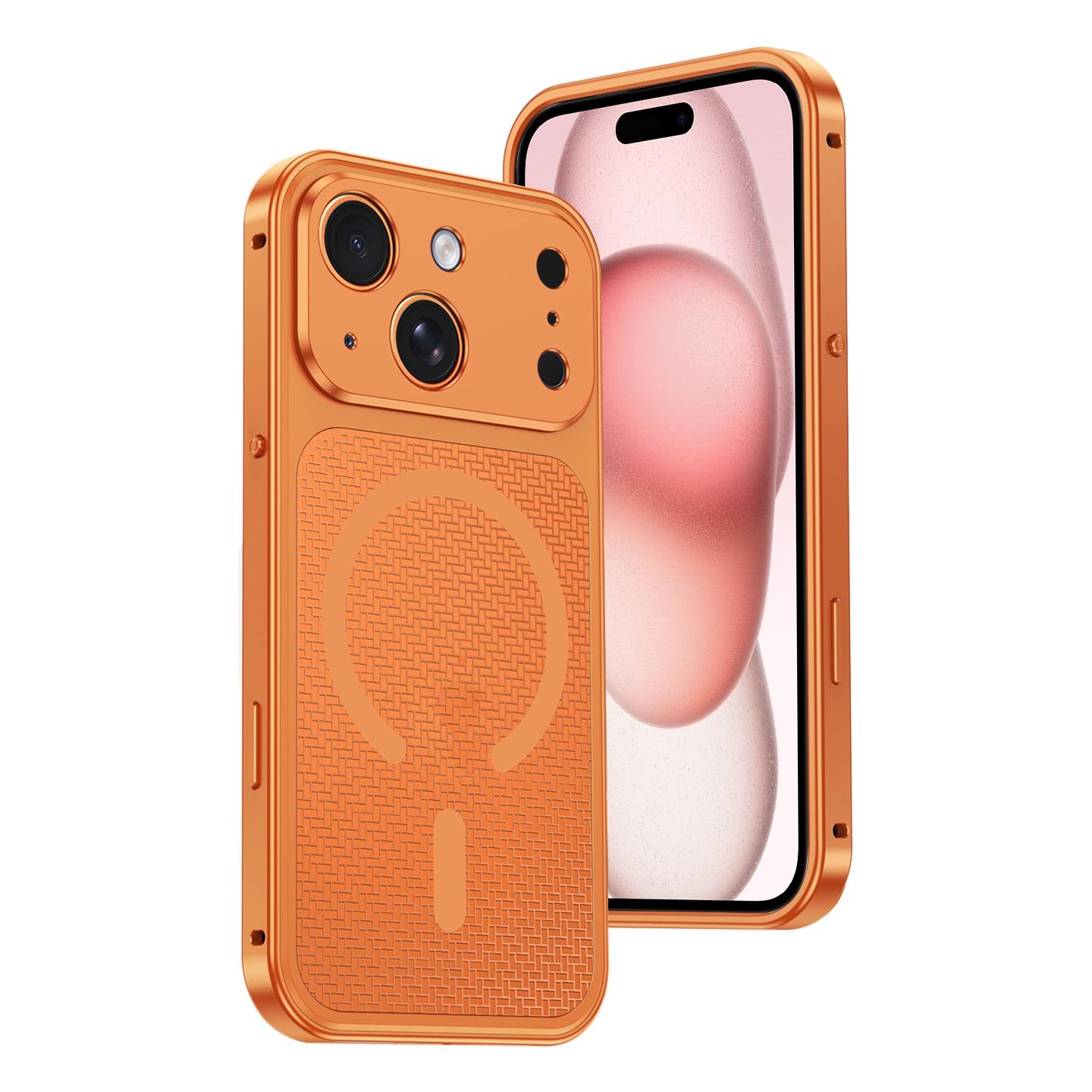 For iPhone 15 Cooling Magnetic Buckle Metal Shockproof Phone Case(Orange) - Shopkiz.com