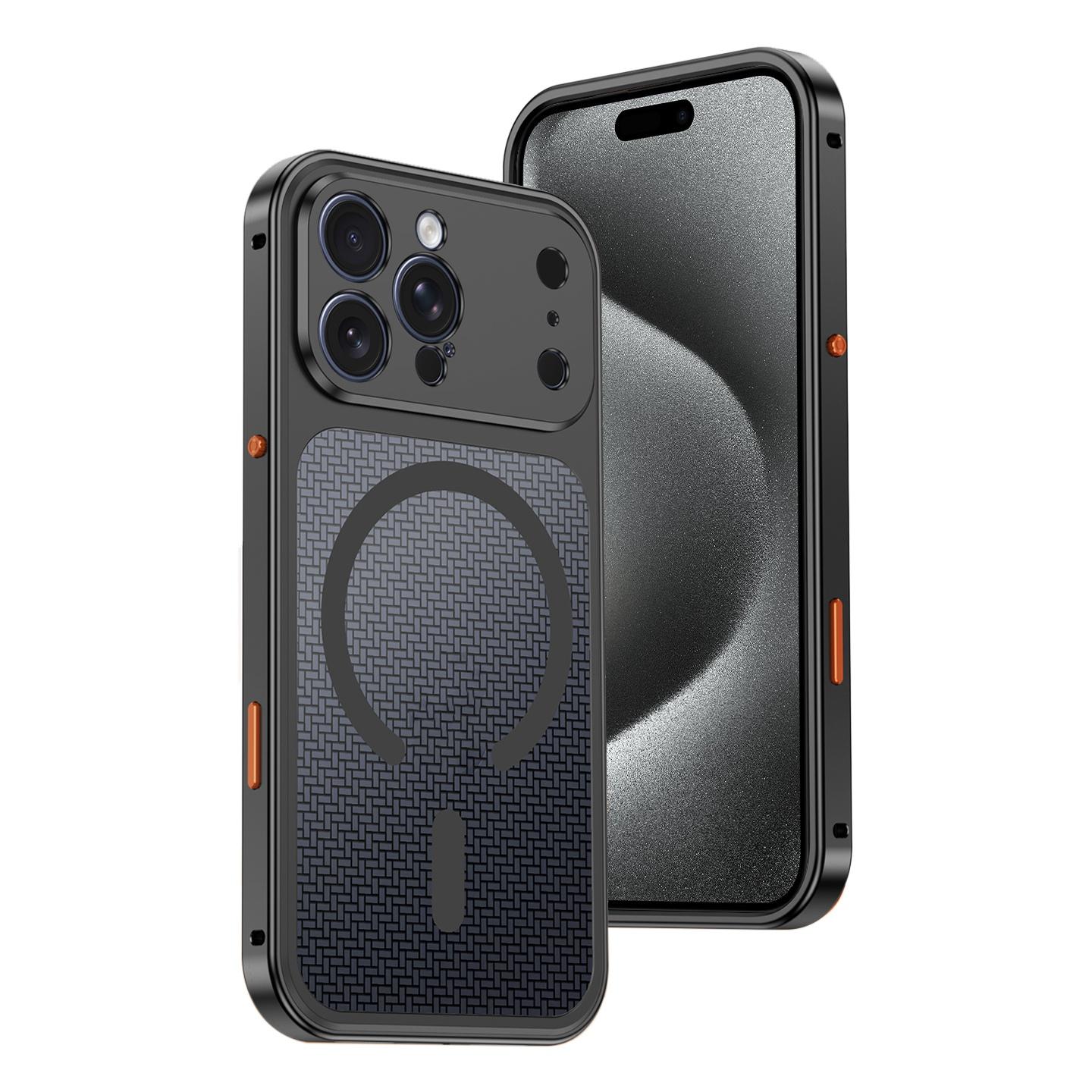For iPhone 15 Pro Cooling Magnetic Buckle Metal Shockproof Phone Case(Black) - Shopkiz.com