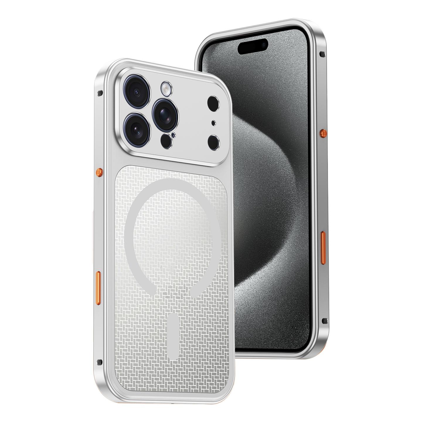 For iPhone 15 Pro Max Cooling Magnetic Buckle Metal Shockproof Phone Case(Silver) - Shopkiz.com