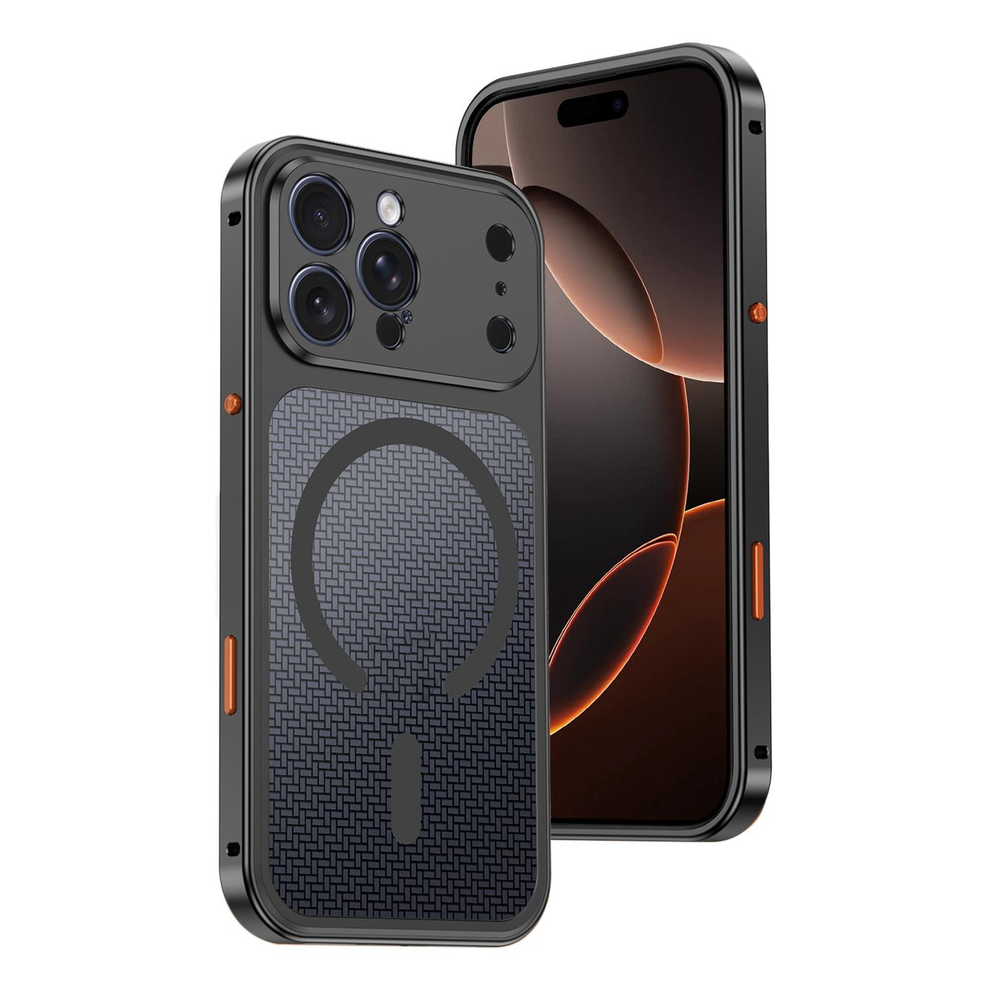 For iPhone 16 Pro Cooling Magnetic Buckle Metal Shockproof Phone Case(Black) - Shopkiz.com