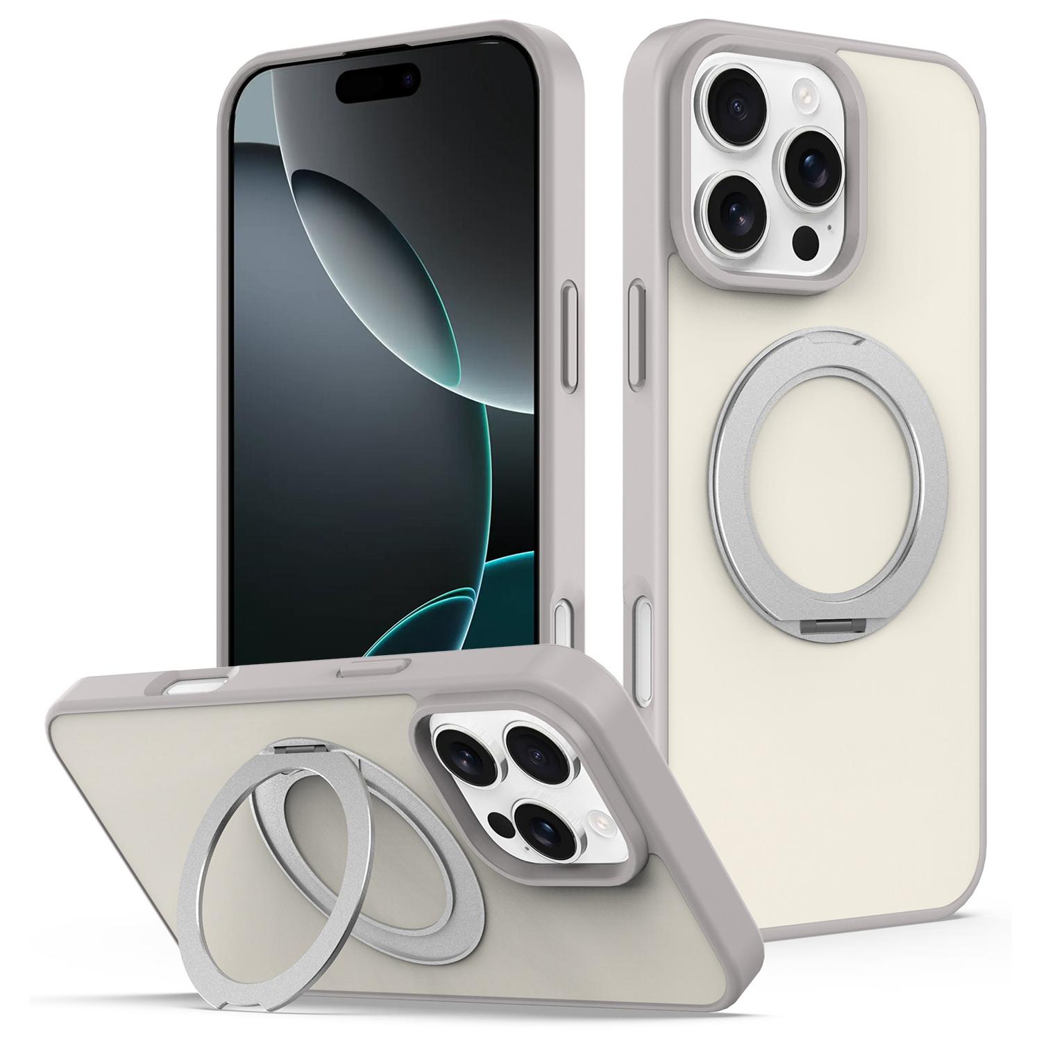 For iPhone 15 Pro Skin Feel Revolving Kickstand Magnetic Phone Case(Grey) - Shopkiz.com