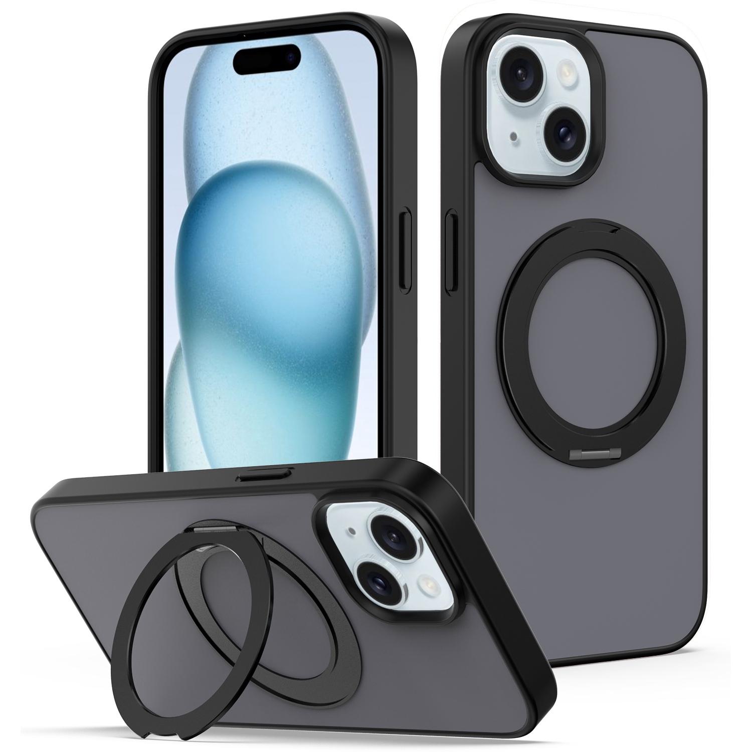 For iPhone 15 Skin Feel Revolving Kickstand Magnetic Phone Case(Black) - Shopkiz.com