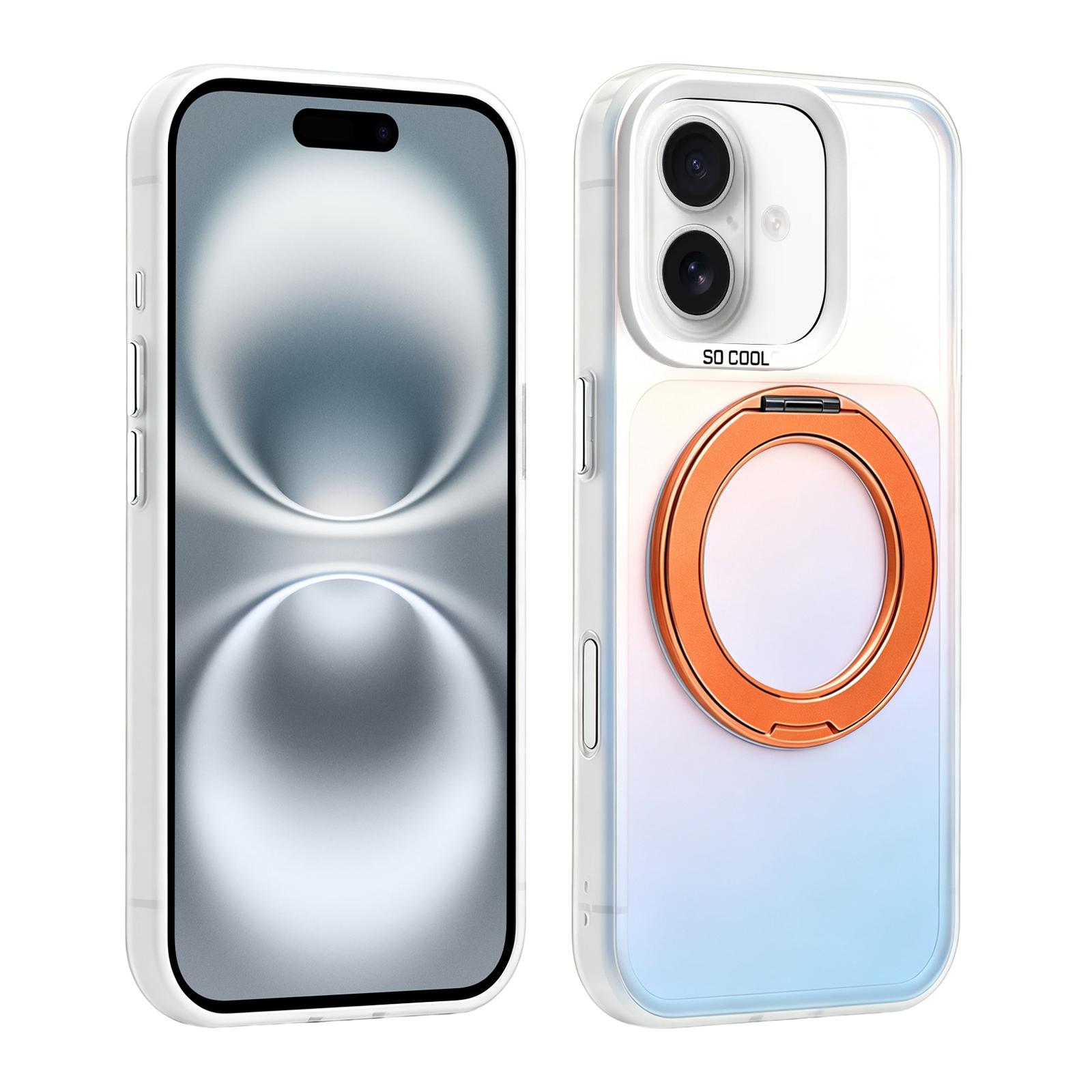 For iPhone 16 Aurora 2.0 PC Hybrid TPU Laser Magnetic Phone Case with Rotating Holder(Orange)