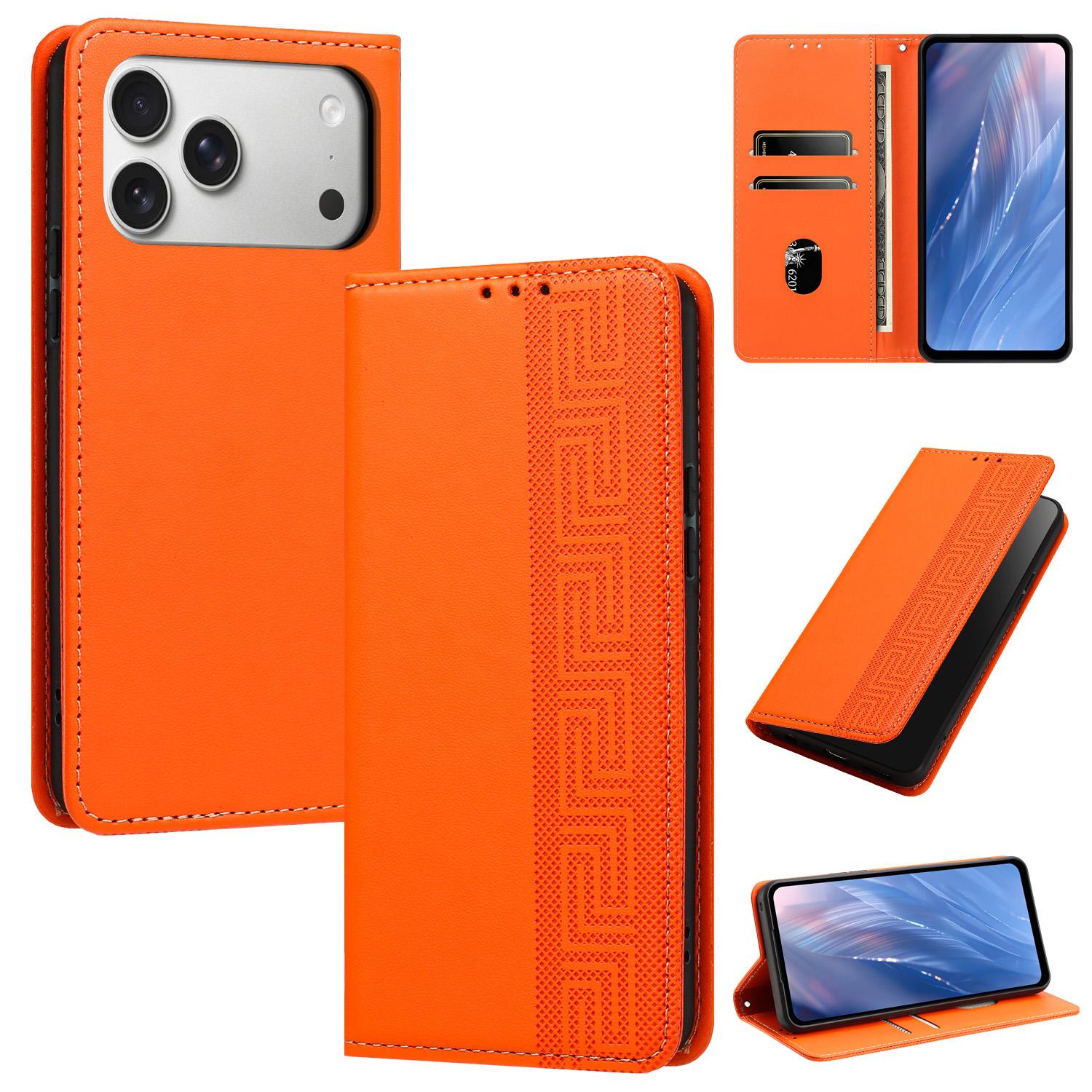 For iPhone 17 Pro Max Embossed Meander Pattern RFID Vegan Leather Phone Case(Orange) - Shopkiz.com