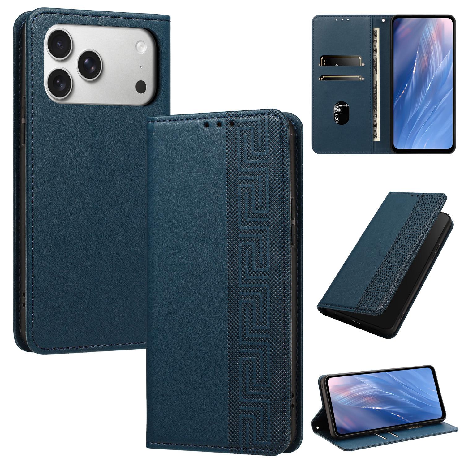 For iPhone 17 Pro Max Embossed Meander Pattern RFID Vegan Leather Phone Case(Dark Blue) - Shopkiz.com