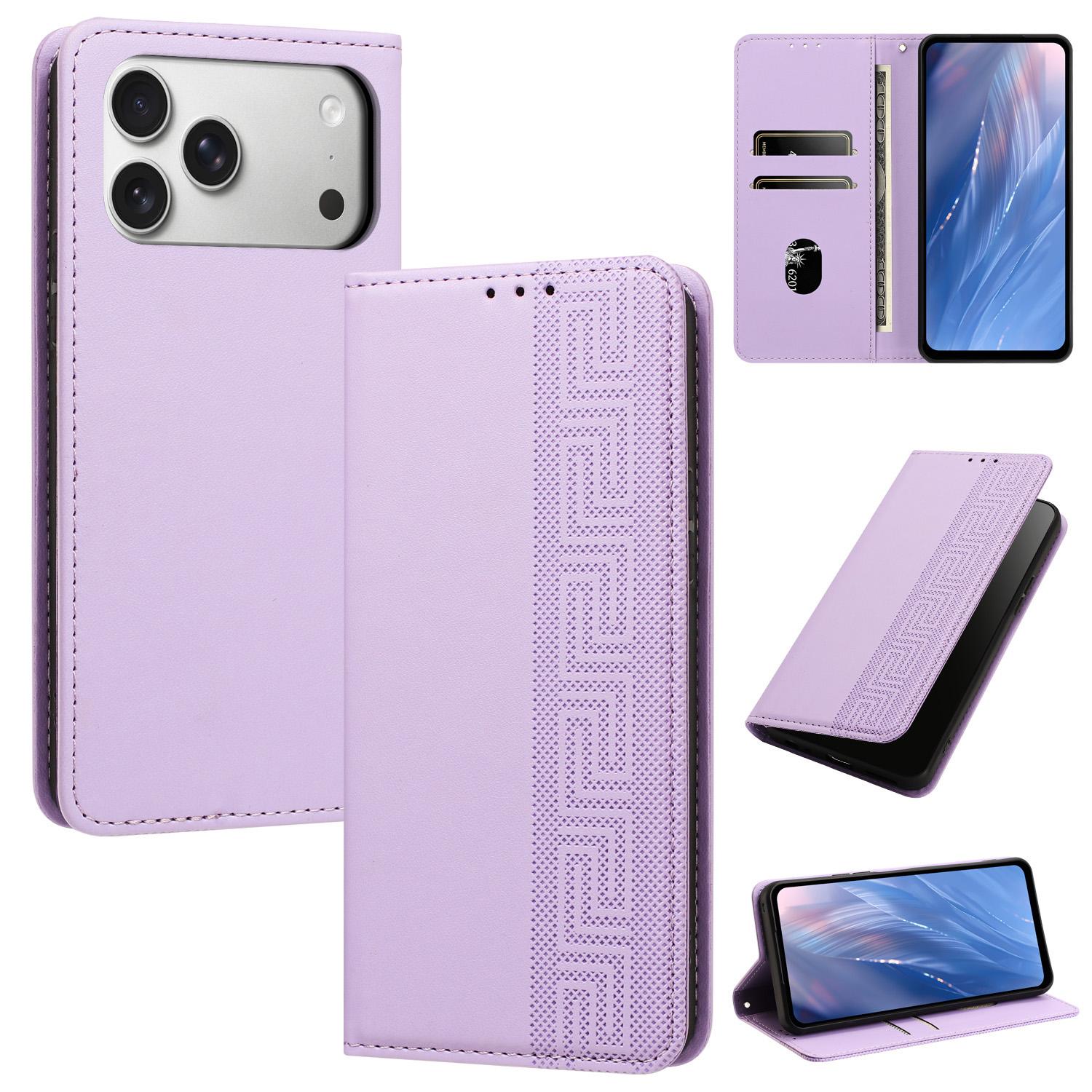 For iPhone 17 Pro Embossed Meander Pattern RFID Vegan Leather Phone Case(Light Purple) - Shopkiz.com