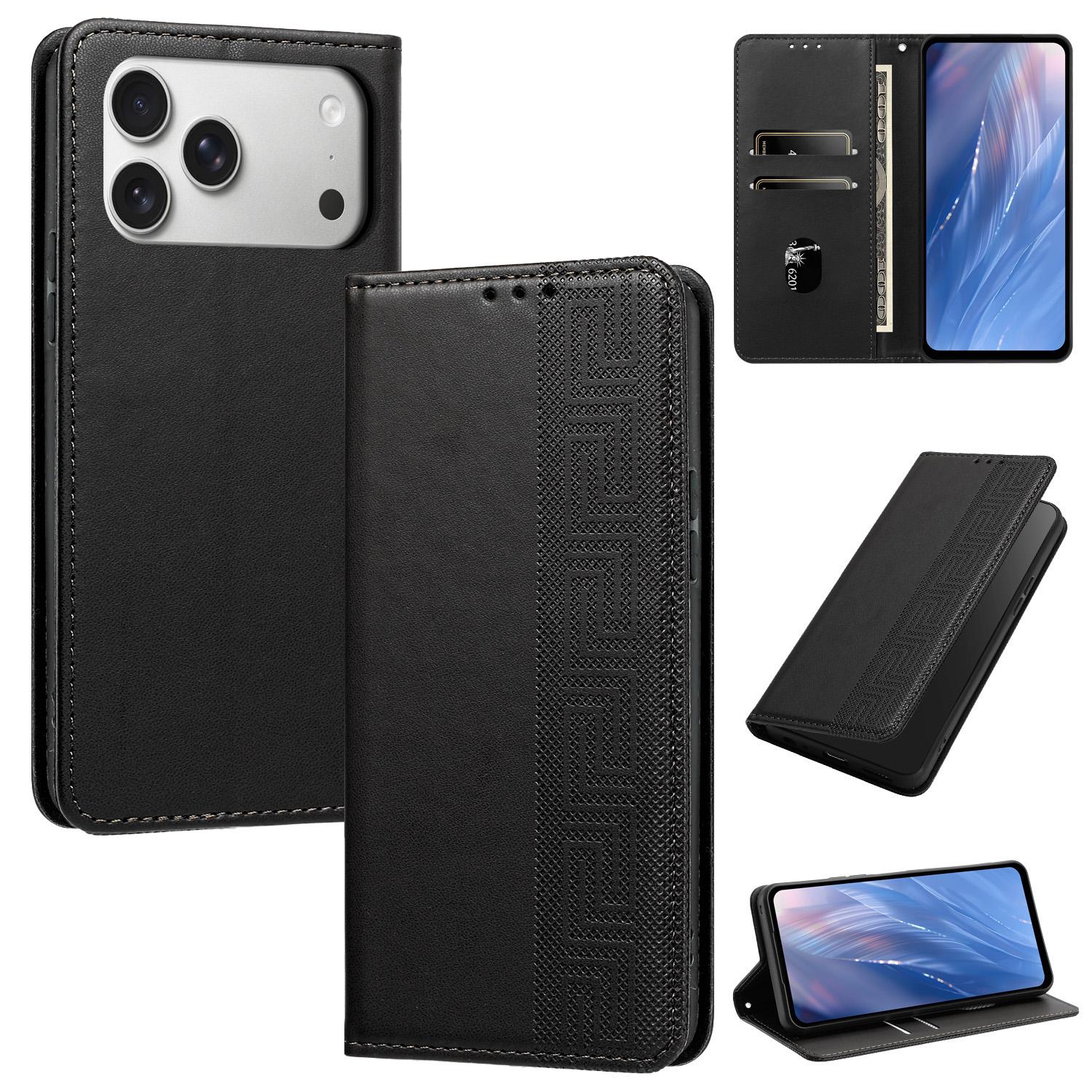 For iPhone 17 Pro Embossed Meander Pattern RFID Vegan Leather Phone Case(Black) - Shopkiz.com