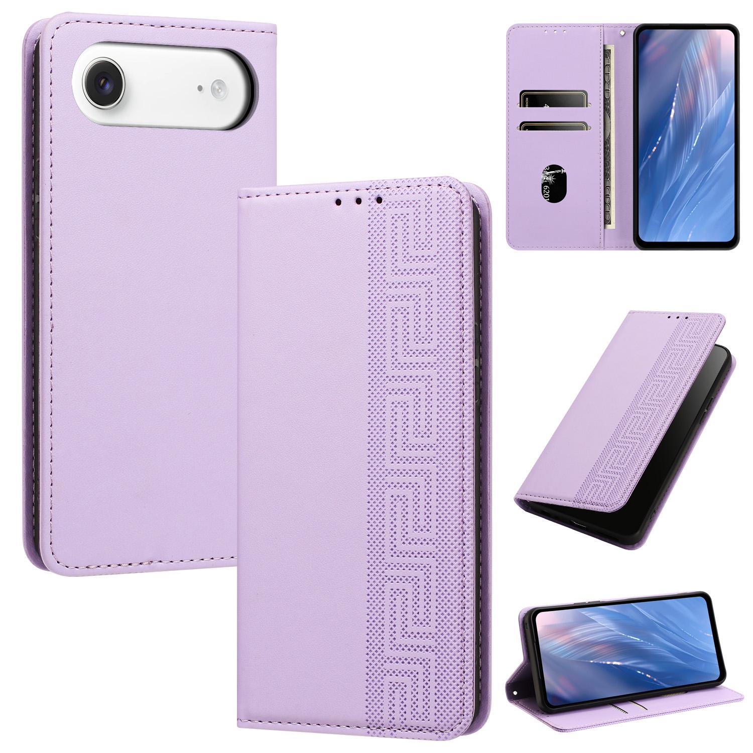 For iPhone Air Embossed Meander Pattern RFID Vegan Leather Phone Case(Light Purple) - Shopkiz.com