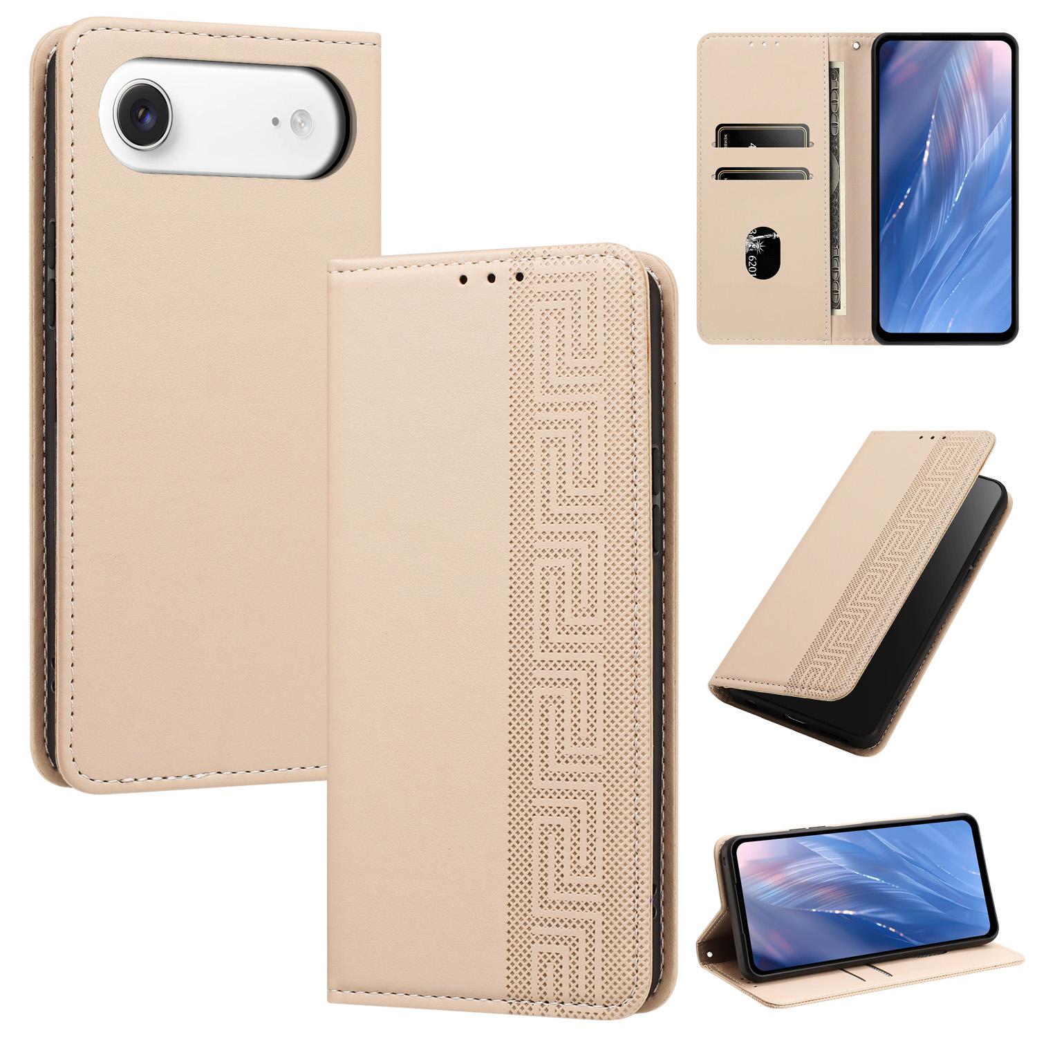 For iPhone Air Embossed Meander Pattern RFID Vegan Leather Phone Case(Beige) - Shopkiz.com