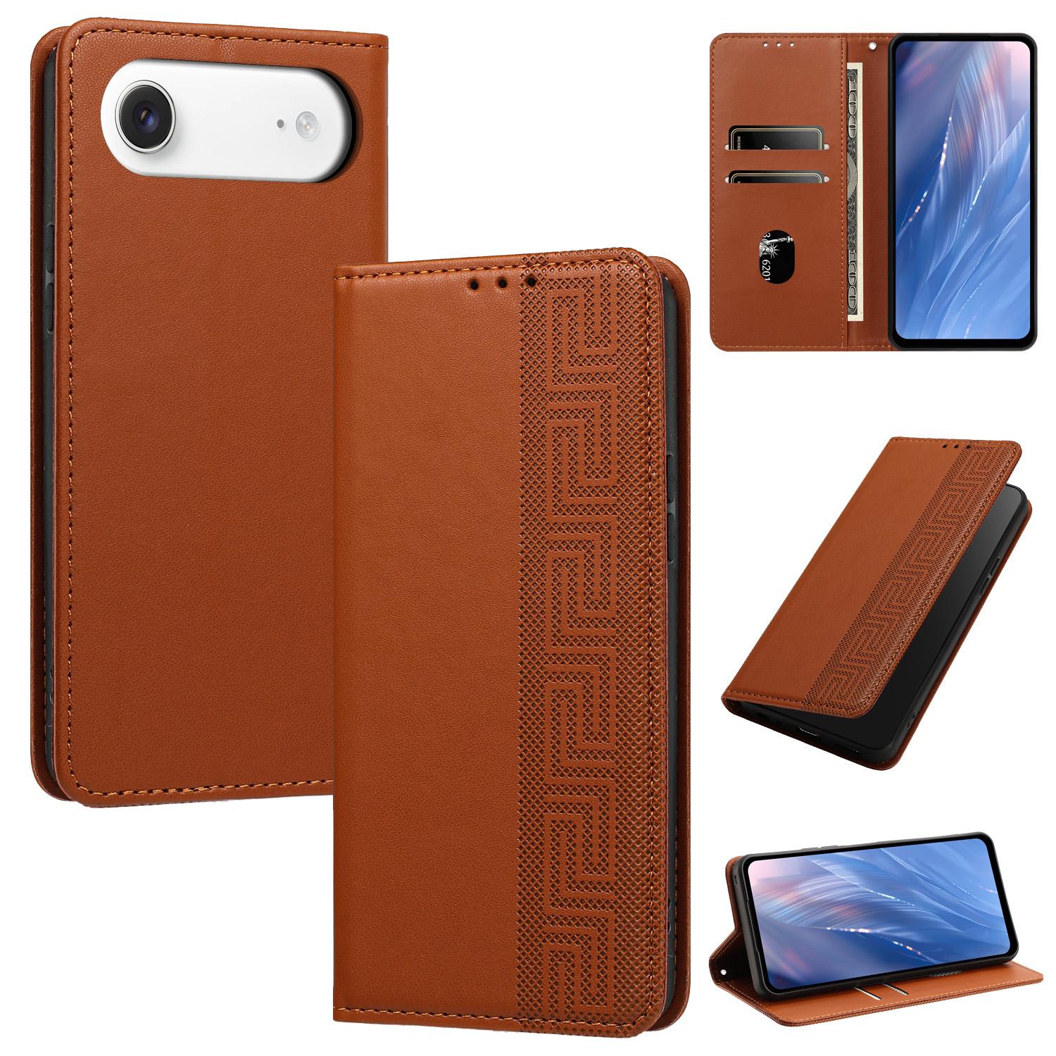 For iPhone Air Embossed Meander Pattern RFID Vegan Leather Phone Case(Brown) - Shopkiz.com