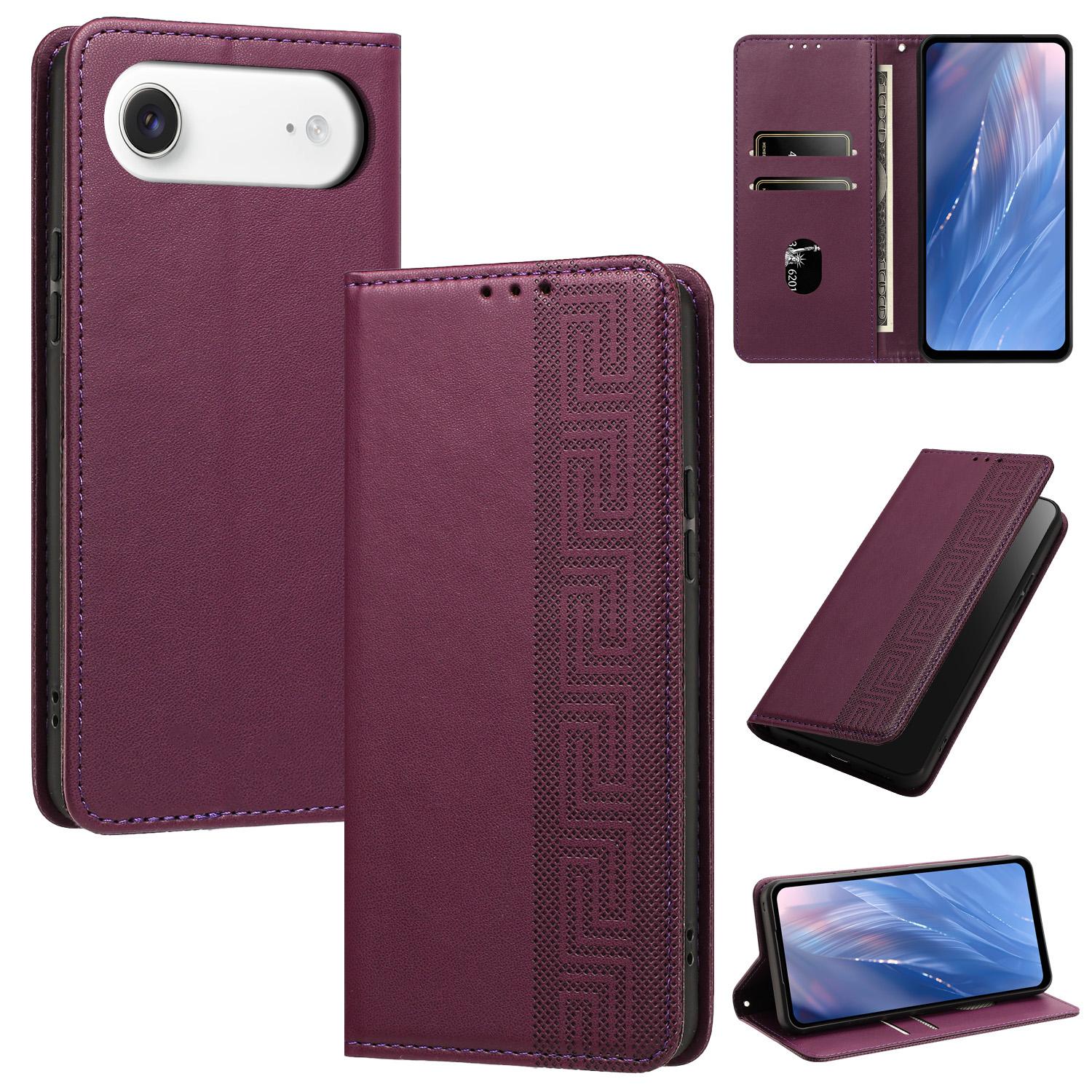 For iPhone Air Embossed Meander Pattern RFID Vegan Leather Phone Case(Dark Purple) - Shopkiz.com
