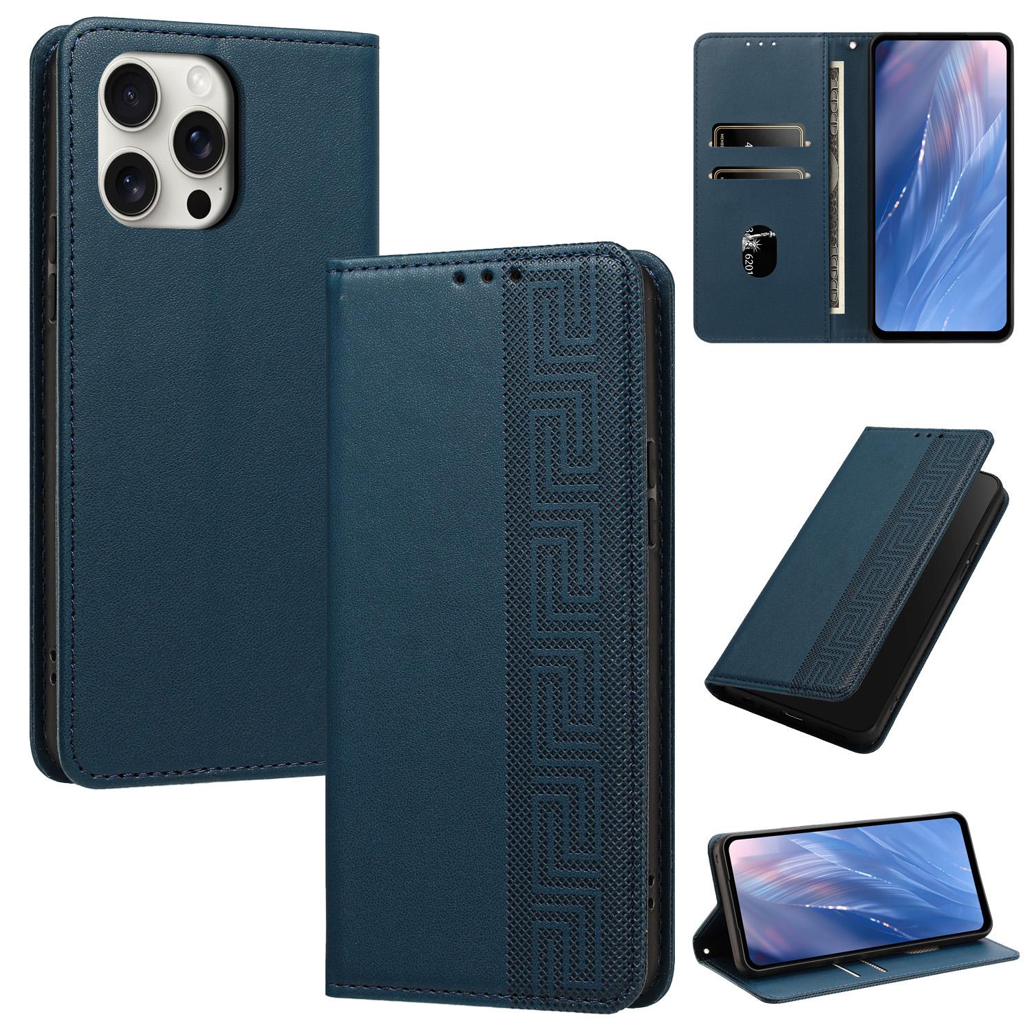 For iPhone 16 Pro Max Embossed Meander Pattern RFID Vegan Leather Phone Case(Dark Blue) - Shopkiz.com