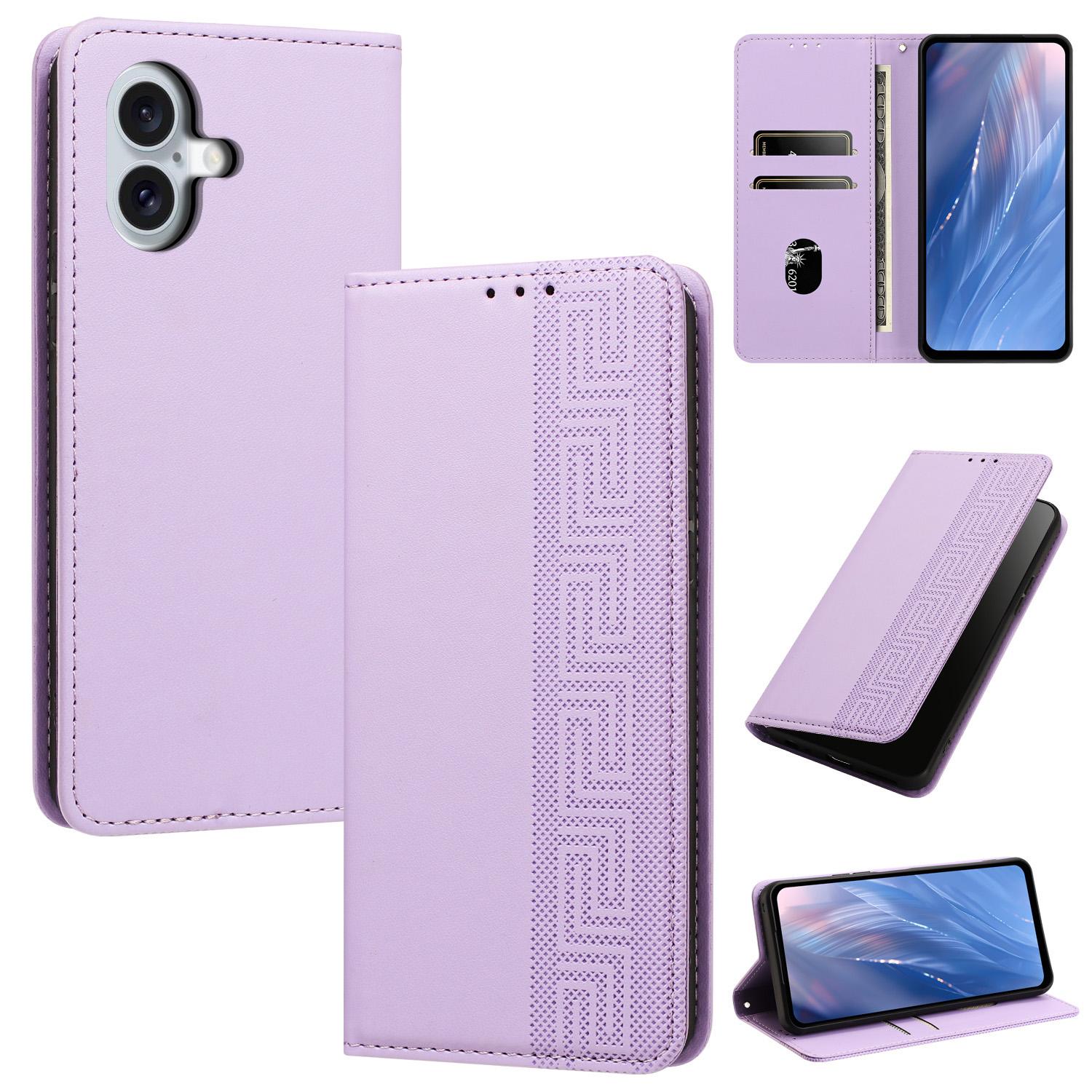 For iPhone 16 Plus Embossed Meander Pattern RFID Vegan Leather Phone Case(Light Purple) - Shopkiz.com