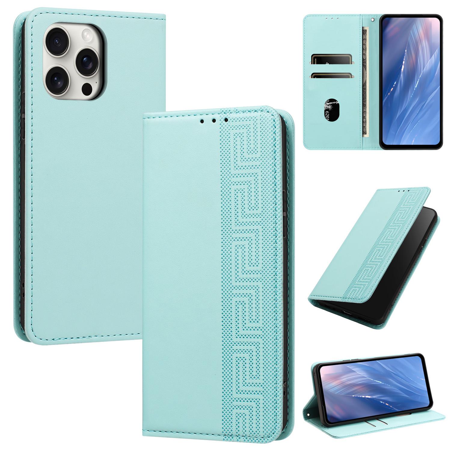For iPhone 15 Pro Max Embossed Meander Pattern RFID Vegan Leather Phone Case(Mint Green) - Shopkiz.com