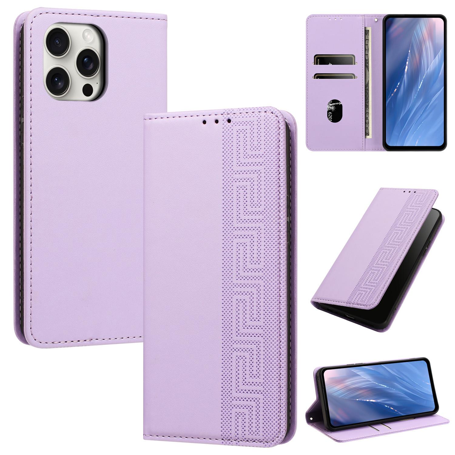 For iPhone 13 Pro Embossed Meander Pattern RFID Vegan Leather Phone Case(Light Purple) - Shopkiz.com