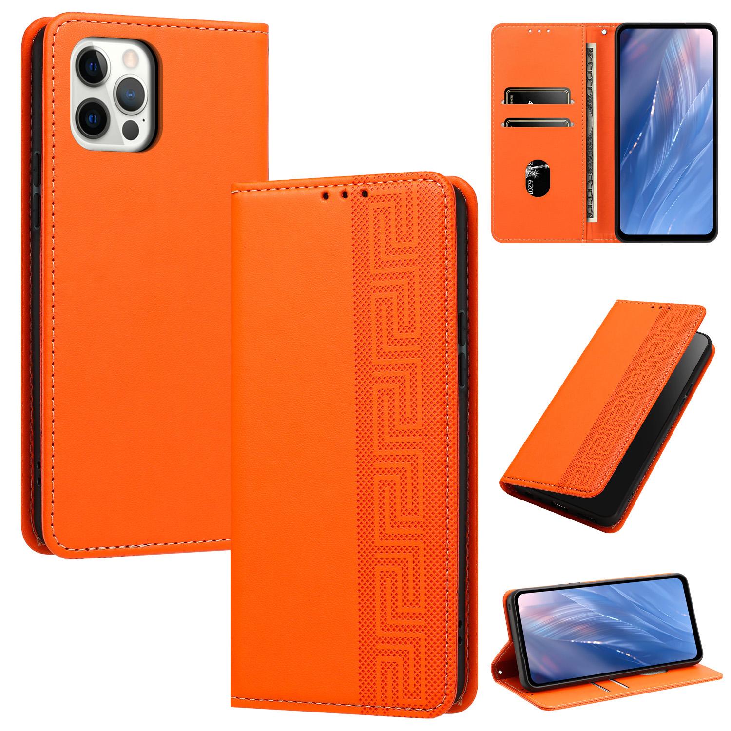 For iPhone 12 Pro Max Embossed Meander Pattern RFID Vegan Leather Phone Case(Orange) - Shopkiz.com