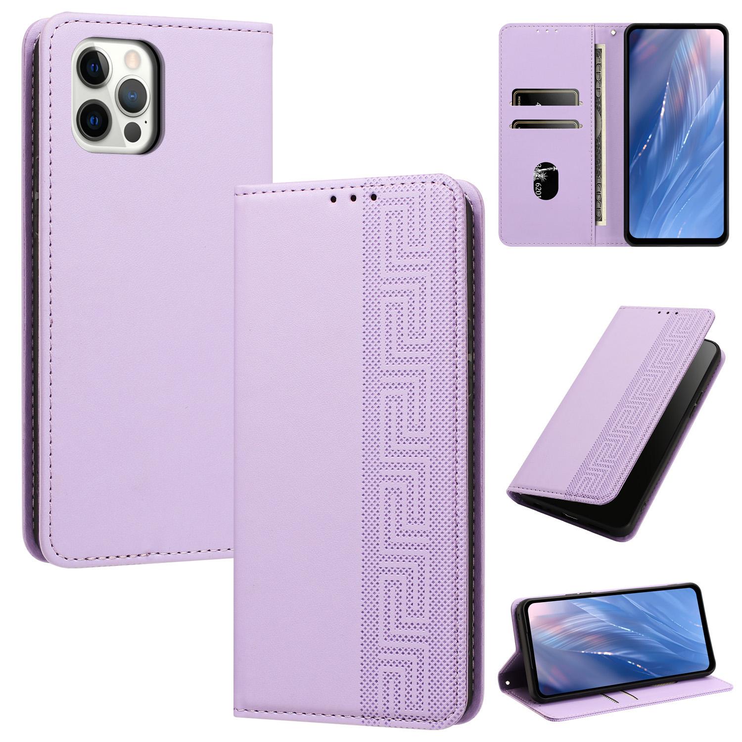 For iPhone 12 Pro Max Embossed Meander Pattern RFID Vegan Leather Phone Case(Light Purple) - Shopkiz.com