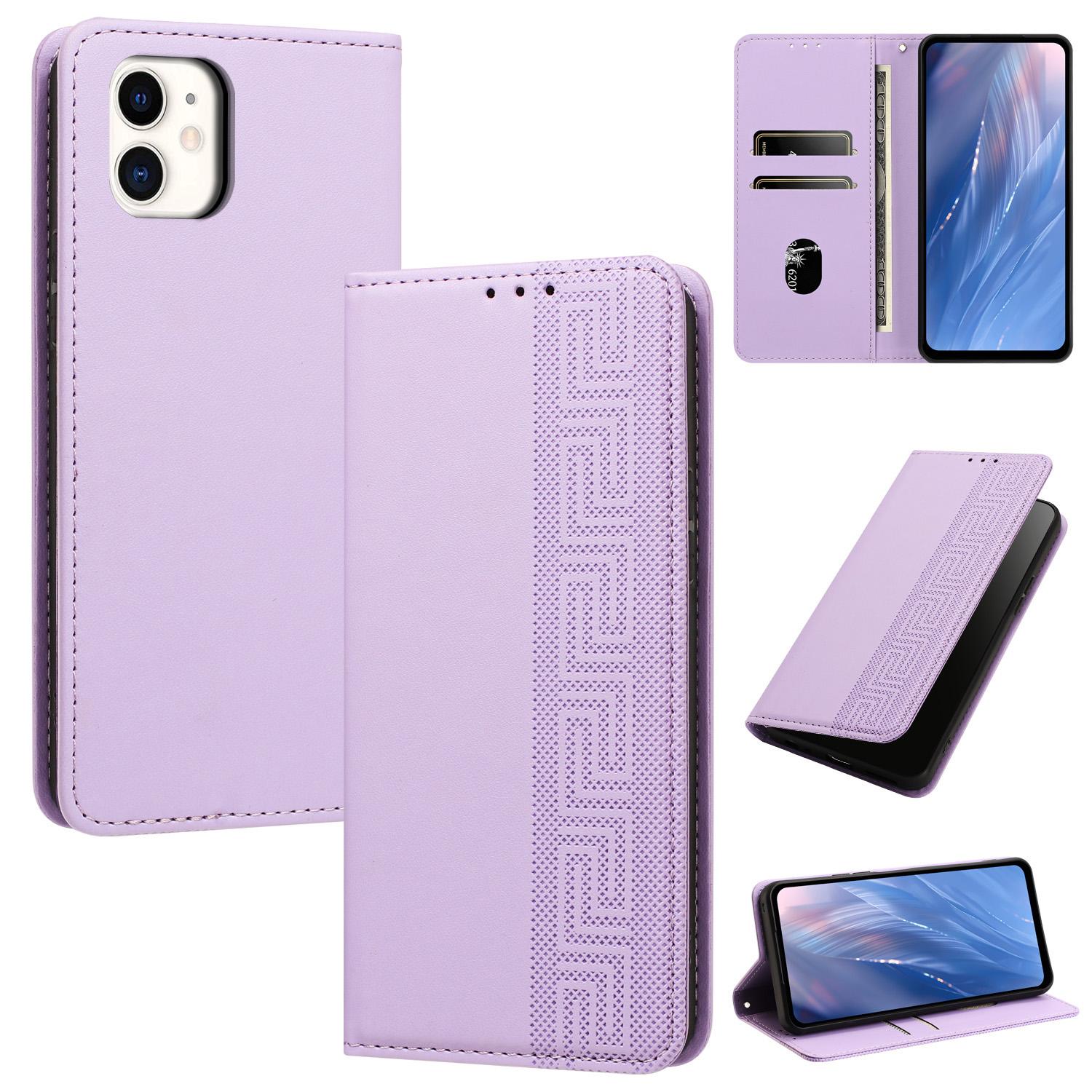For iPhone 11 Embossed Meander Pattern RFID Vegan Leather Phone Case(Light Purple) - Shopkiz.com